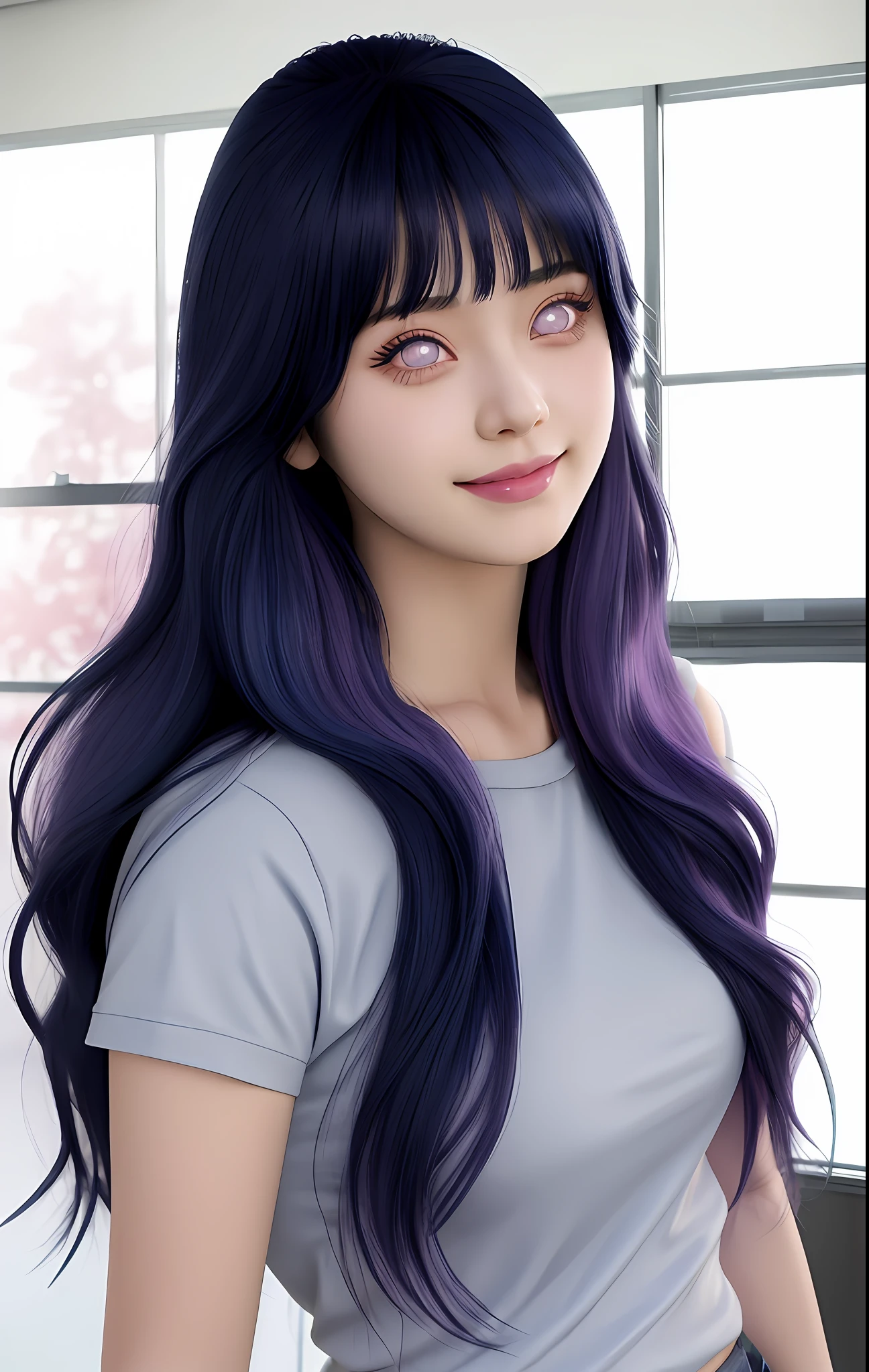 a girl with long blue hair and a gray shirt, hinata hyuga, hinata hyuga from naruto, she has black hair with blunt bangs, realistic, with long dark hair, from naruto, blunt bangs, purple eyes, pink lips, (realistic hair:1.3), (long hair:1.3), (light smile:1.3), detailed character, realistic character, blushing, (beautiful face:1.3), (detailed eyes:1.3), pretty, medium breast, eyelashes