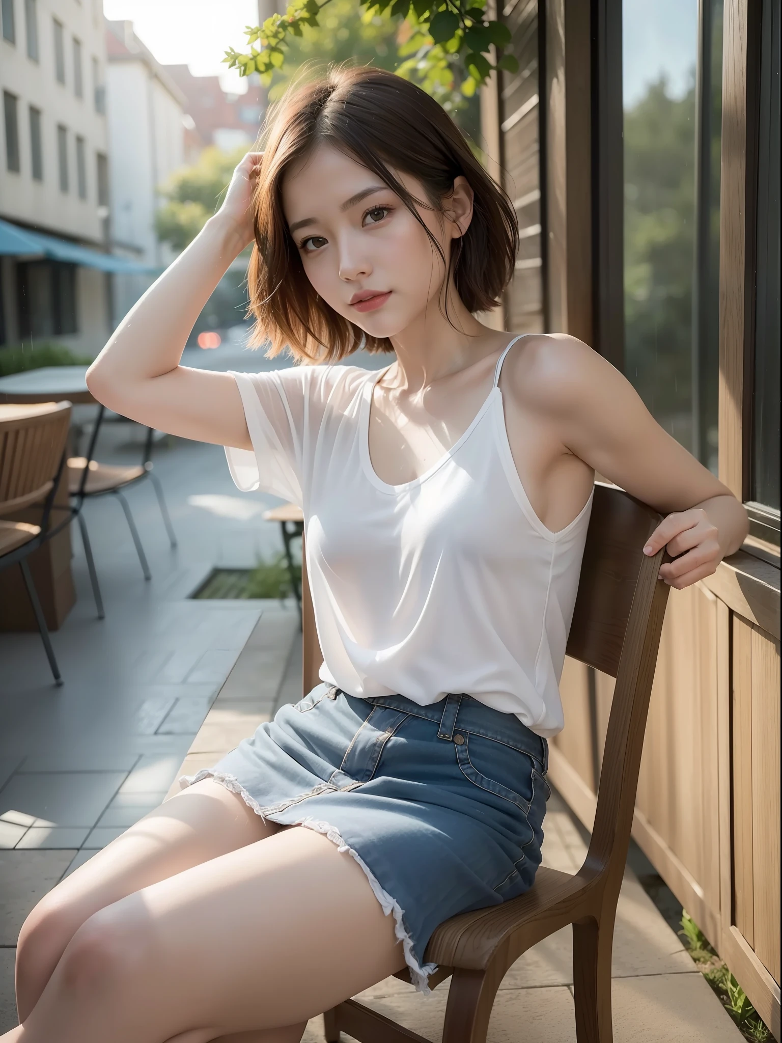 ((Best quality, 8k, Masterpiece: 1.3, raw photo)), Sharp focus: 1.2, (1 AESPA girl: 1.1), (realistic, photo-realistic:1.37), face focus, cute face, small breasts, flat chest, brunette short messy hair, sitting chair, arms up, wet white clothes, camisole, skirt, cafe, rain, sunlight, cinematic lighting