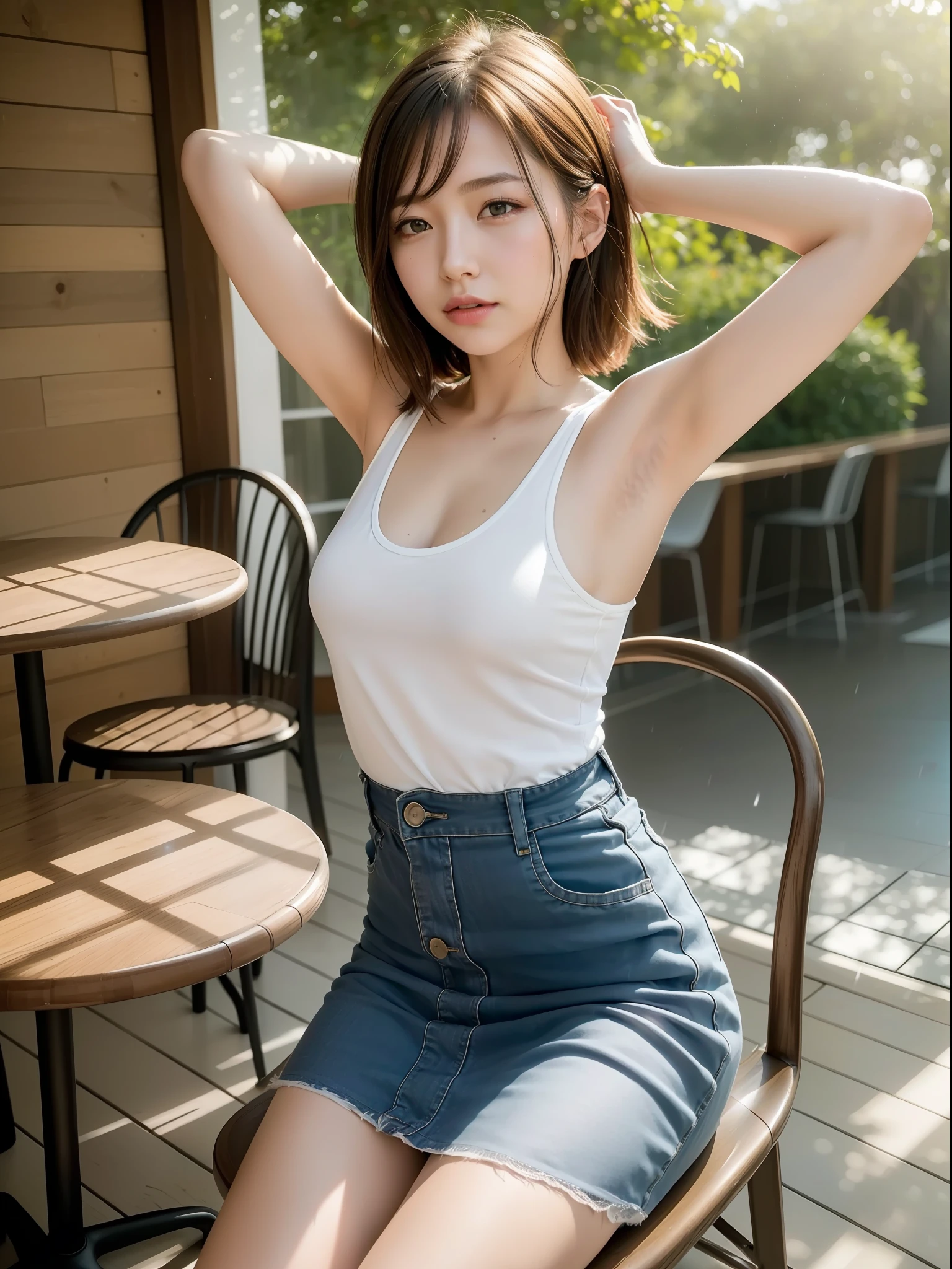 ((Best quality, 8k, Masterpiece: 1.3, raw photo)), Sharp focus: 1.2, (1 AESPA girl: 1.1), (realistic, photo-realistic:1.37), face focus, cute face, small breasts, flat chest, brunette short messy hair, sitting chair, arms up, wet white clothes, camisole, skirt, cafe, rain, sunlight, cinematic lighting