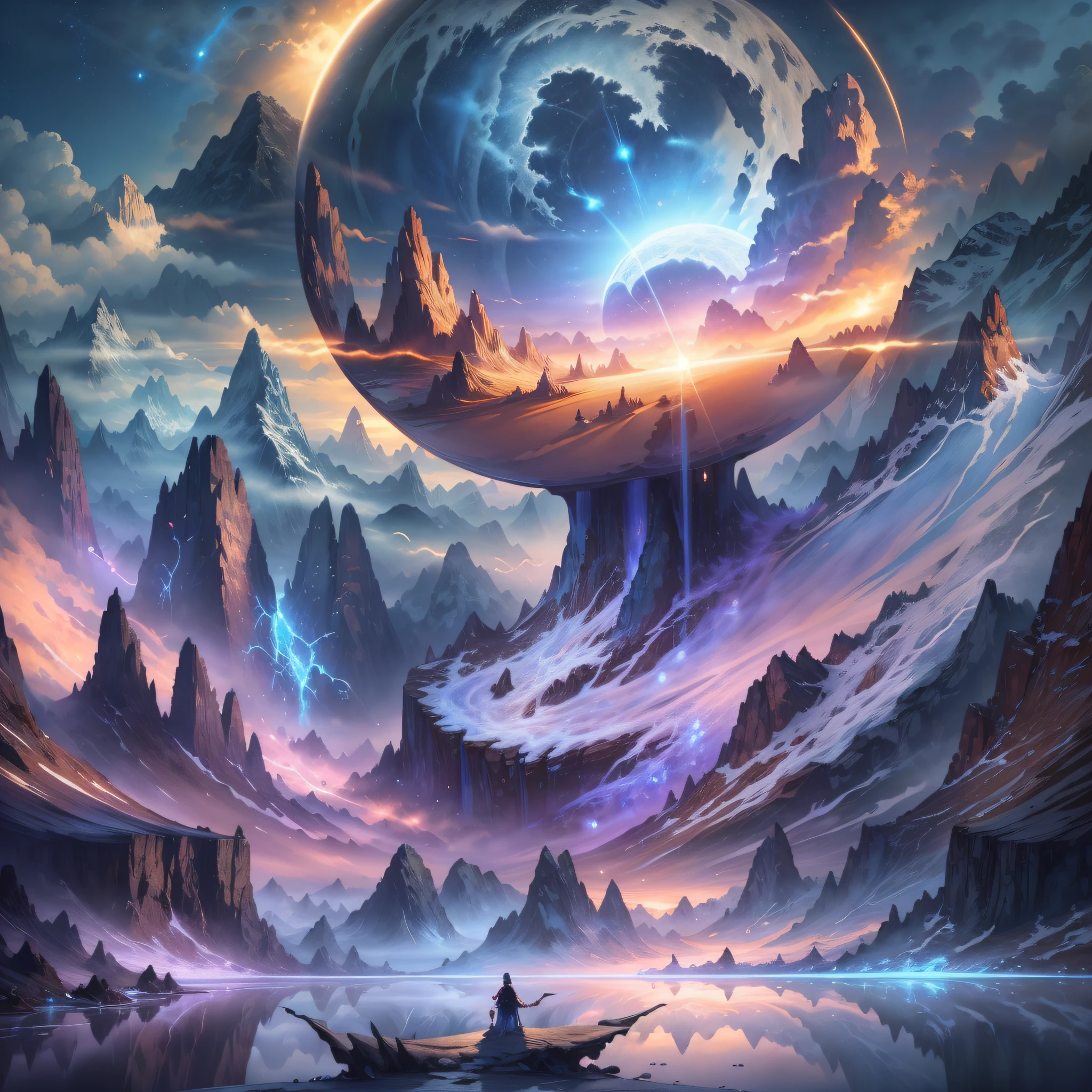 (enlarged: 1.1), mountains and a lake with a moon in the sky, 4k highly detailed digital art, 4k hd very detailed wallpaper, stunning fantasy landscape, sci-fi fantasy desktop wallpaper, unreal engine 4k wallpaper, 4k detailed digital art, sci-fi fantasy wallpaper, epic dreamlike fantasy landscape, 4k hd matte digital painting, 8k stunning art