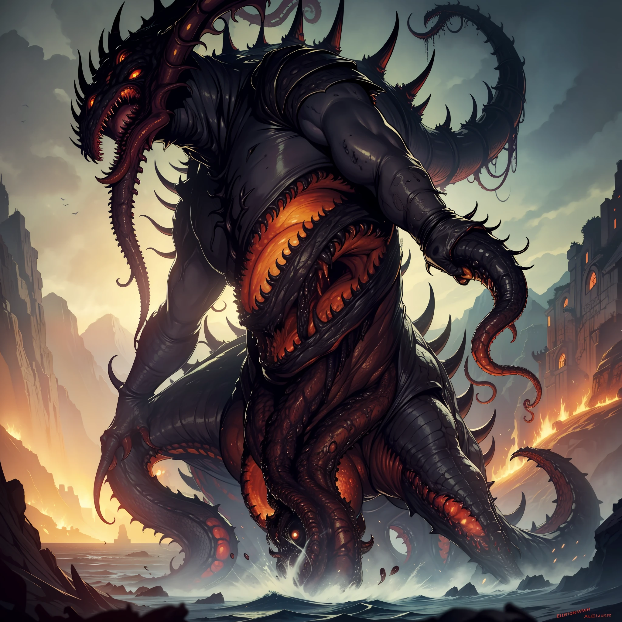 a close up of a giant monster with a huge mouth, d & d beholder, eldritch abomination, the hydra from path of exile, covered with tentacles, mix of venom and cthulhu, lovecraftian monster, gaping maw, tentacle beast, venomfang, devourer of worlds, zerg hydralisk, lovecraftian sea creature