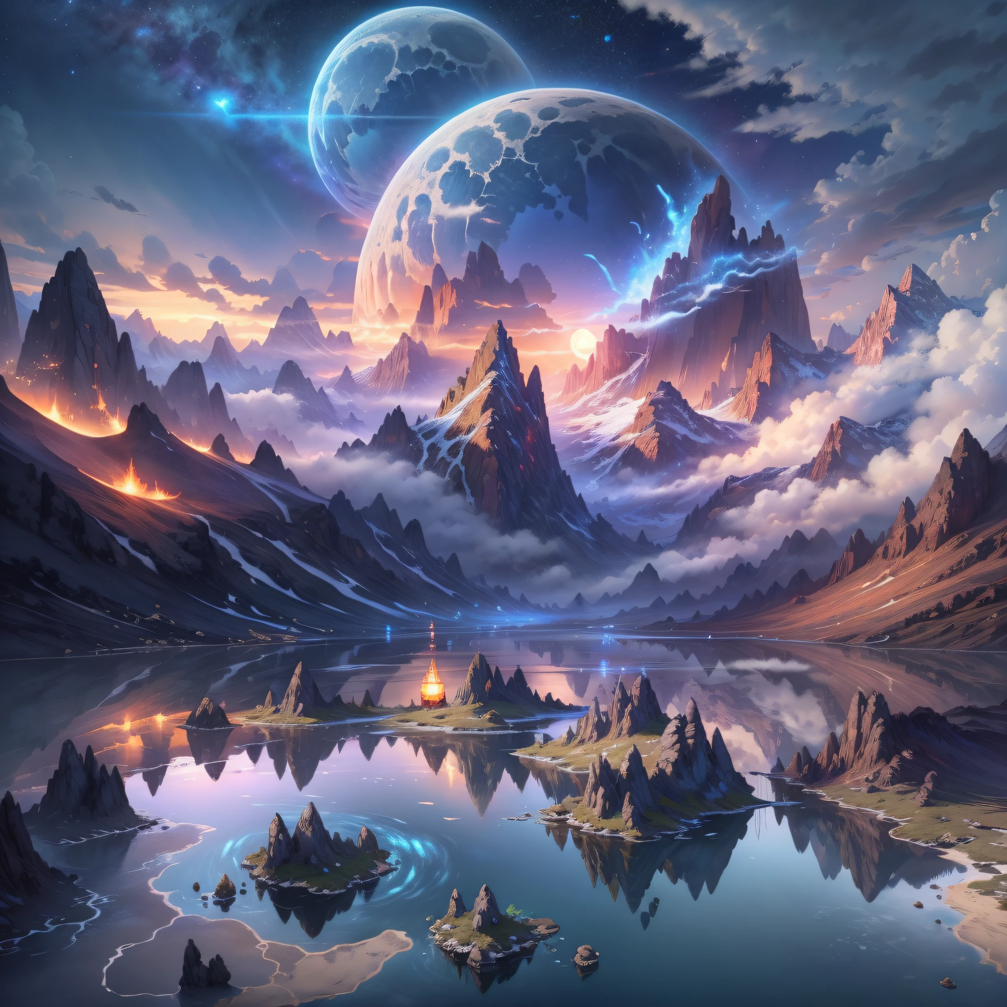 (enlarged: 1.1), mountains and a lake with a moon in the sky, 4k highly detailed digital art, 4k hd very detailed wallpaper, stunning fantasy landscape, sci-fi fantasy desktop wallpaper, unreal engine 4k wallpaper, 4k detailed digital art, sci-fi fantasy wallpaper, epic dreamlike fantasy landscape, 4k hd matte digital painting, 8k stunning art