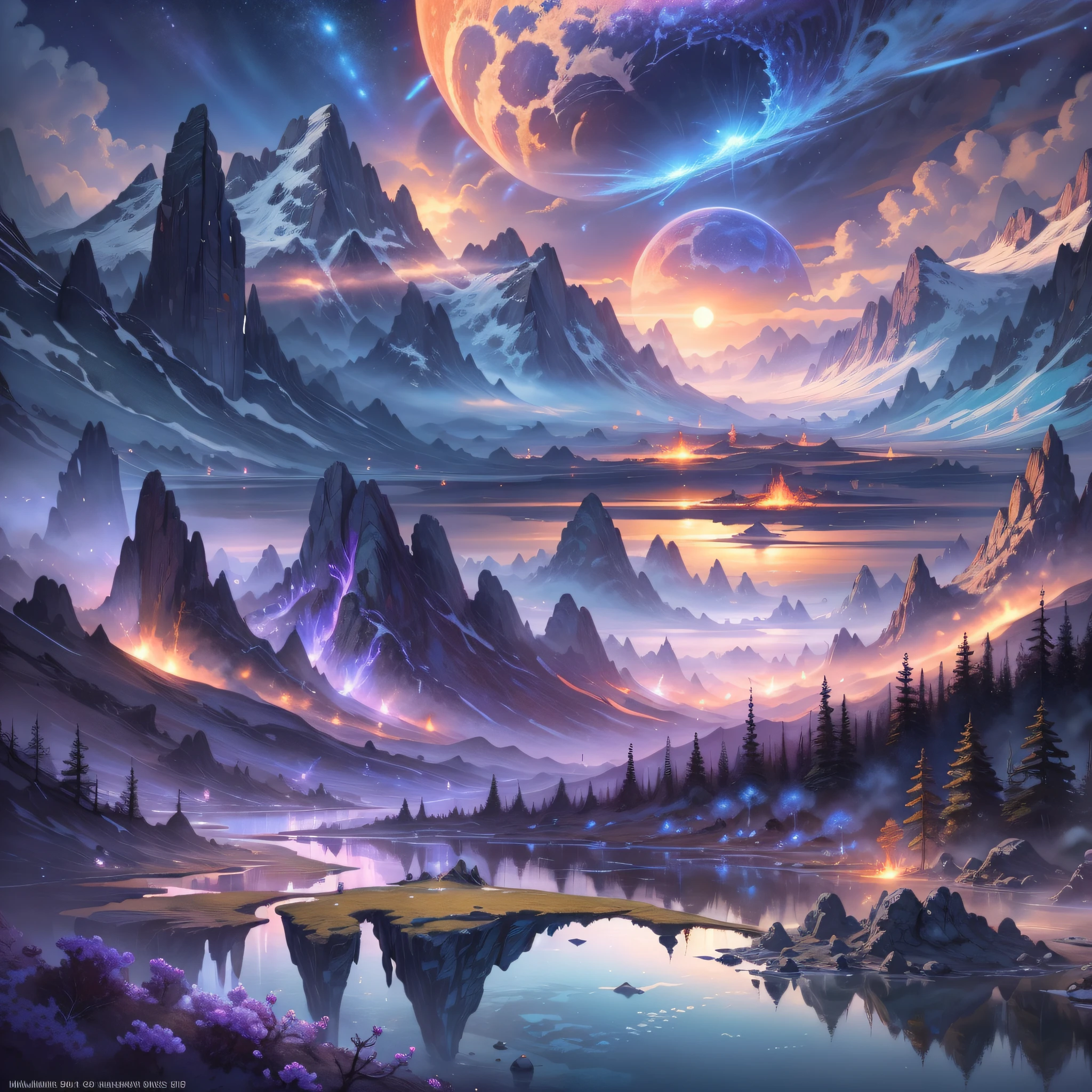 (enlarged: 1.1), mountains and a lake with a moon in the sky, 4k highly detailed digital art, 4k hd very detailed wallpaper, stunning fantasy landscape, sci-fi fantasy desktop wallpaper, unreal engine 4k wallpaper, 4k detailed digital art, sci-fi fantasy wallpaper, epic dreamlike fantasy landscape, 4k hd matte digital painting, 8k stunning art