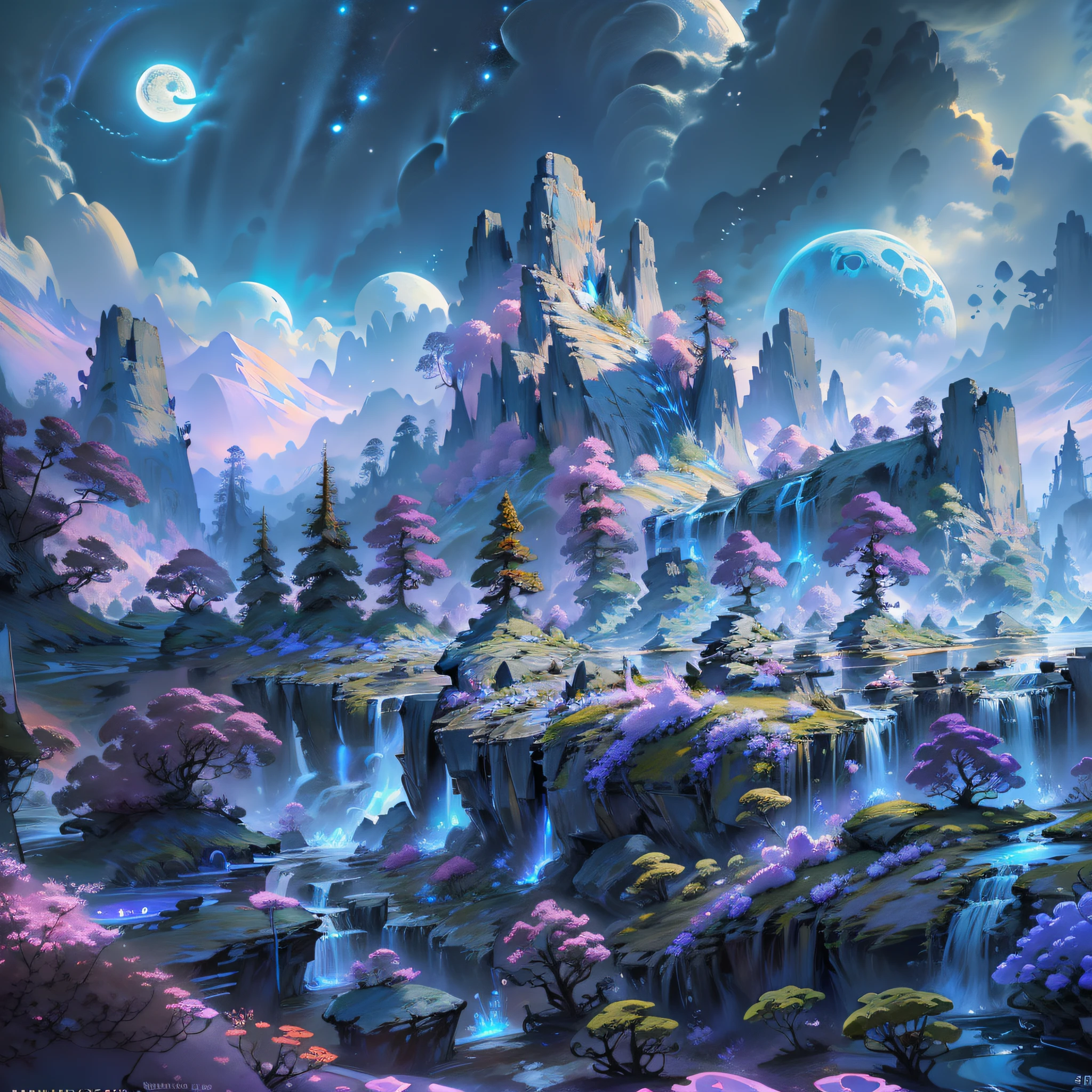 (enlarged: 1.1), mountains and a lake with a moon in the sky, 4k highly detailed digital art, 4k hd very detailed wallpaper, stunning fantasy landscape, sci-fi fantasy desktop wallpaper, unreal engine 4k wallpaper, 4k detailed digital art, sci-fi fantasy wallpaper, epic dreamlike fantasy landscape, 4k hd matte digital painting, 8k stunning art