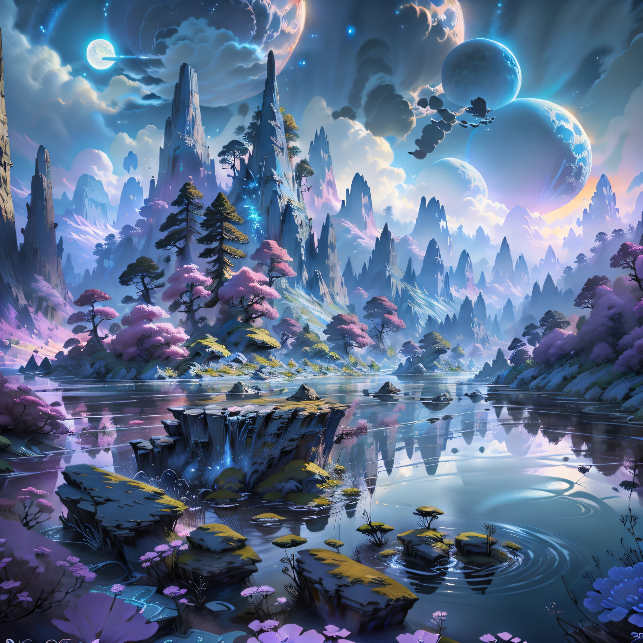 (enlarged: 1.1), mountains and a lake with a moon in the sky, 4k highly detailed digital art, 4k hd very detailed wallpaper, stunning fantasy landscape, sci-fi fantasy desktop wallpaper, unreal engine 4k wallpaper, 4k detailed digital art, sci-fi fantasy wallpaper, epic dreamlike fantasy landscape, 4k hd matte digital painting, 8k stunning art