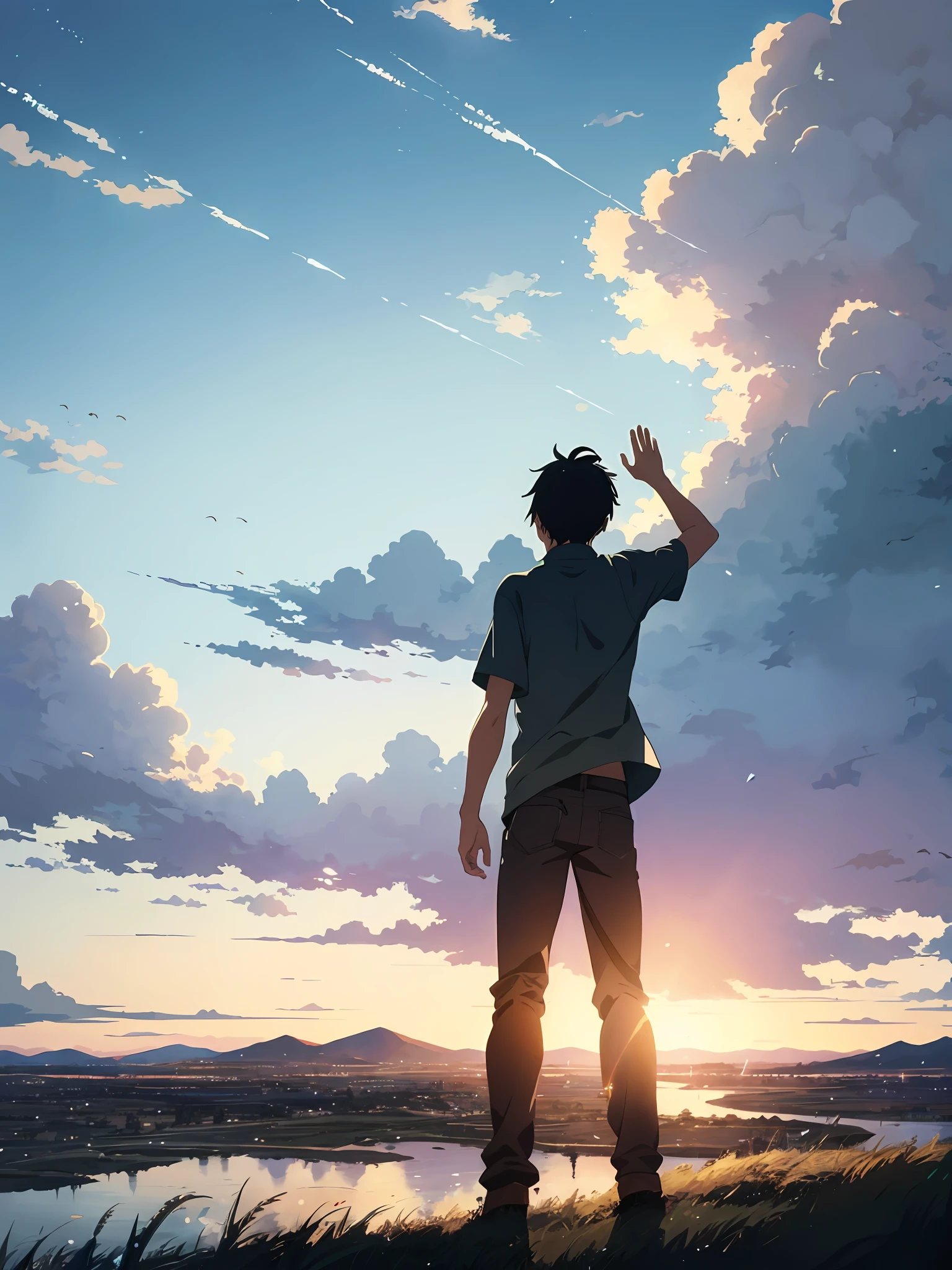 A boy looks at the sky, waves goodbye, a plane flies by, vast sky, beautiful skyline, large grassland, extremely tense and dramatic picture, moving visual effects, hanging North Star, colorful natural light. Pixiv, concept art, lofi art style, reflection. by makoto shinkai, lofi art, beautiful anime scene, anime scenery, detailed landscape, style of makoto shinkai, detail enhancement