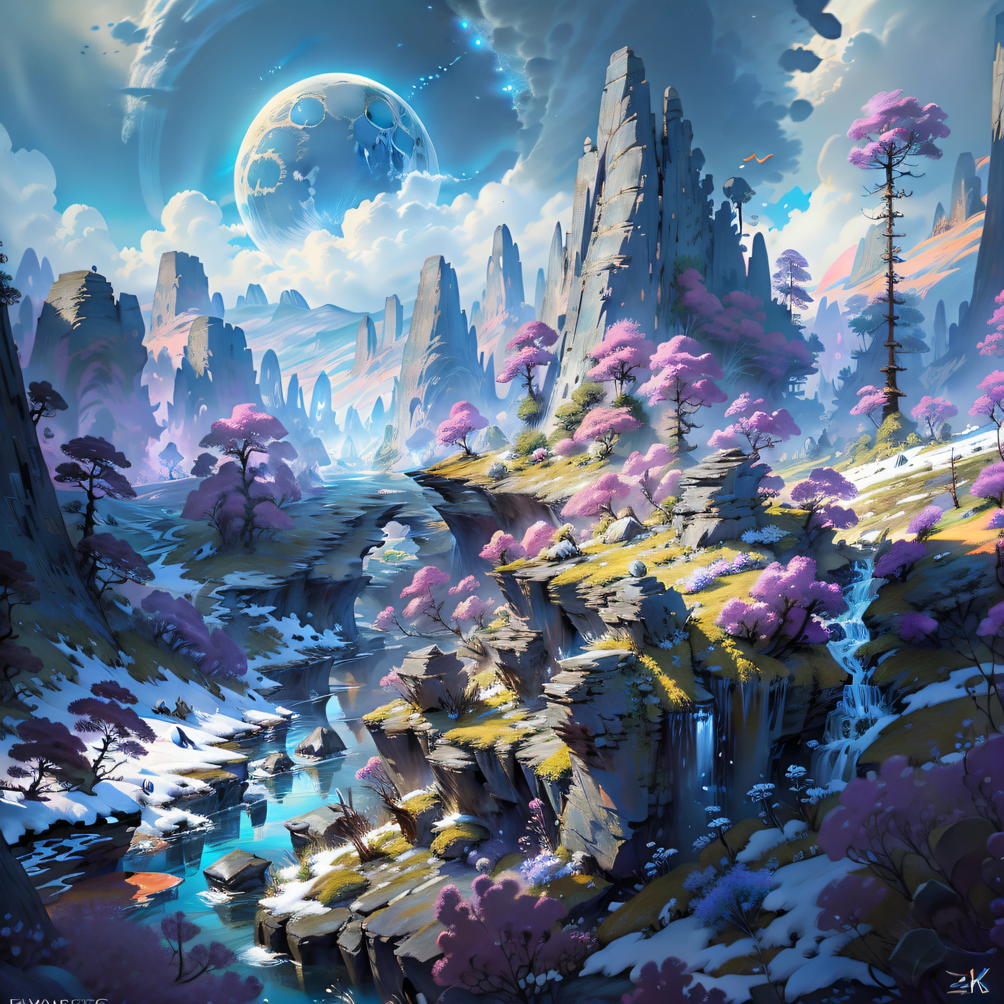 (enlarged: 1.1), mountains and a lake with a moon in the sky, 4k highly detailed digital art, 4k hd very detailed wallpaper, stunning fantasy landscape, sci-fi fantasy desktop wallpaper, unreal engine 4k wallpaper, 4k detailed digital art, sci-fi fantasy wallpaper, epic dreamlike fantasy landscape, 4k hd matte digital painting, 8k stunning art