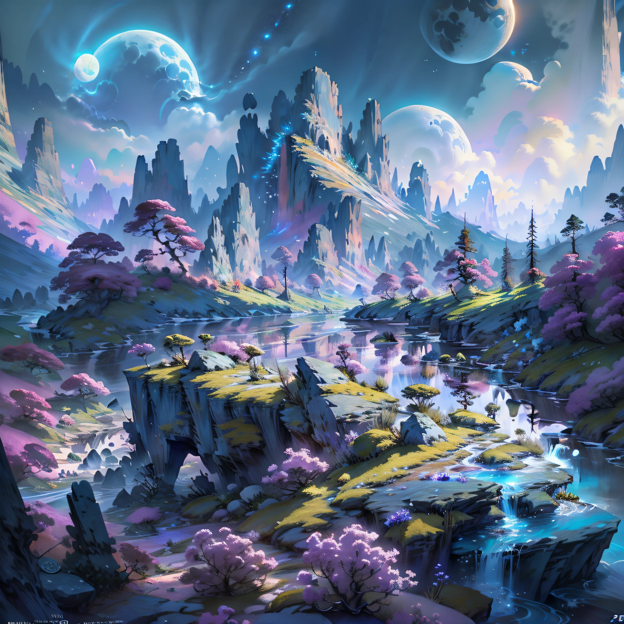 (enlarged: 1.1), mountains and a lake with a moon in the sky, 4k highly detailed digital art, 4k hd very detailed wallpaper, stunning fantasy landscape, sci-fi fantasy desktop wallpaper, unreal engine 4k wallpaper, 4k detailed digital art, sci-fi fantasy wallpaper, epic dreamlike fantasy landscape, 4k hd matte digital painting, 8k stunning art