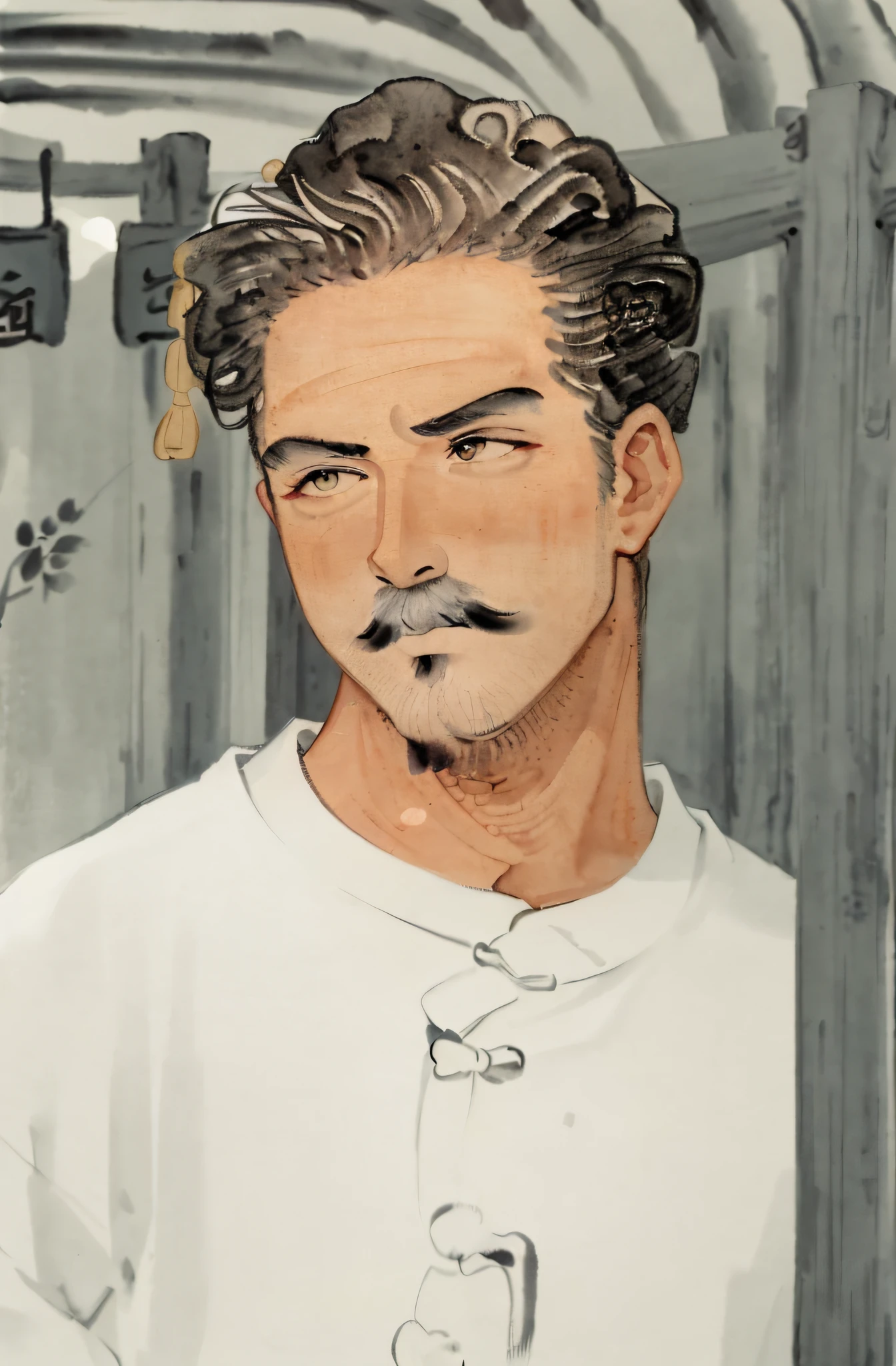 HD, (Best Detail) (Best Quality), there is a man standing by the fence holding a mobile phone, (((Traditional Chinese Ink Painting))), Chinese style, monochrome, ink painting, watercolor painting, detailed and exquisite face