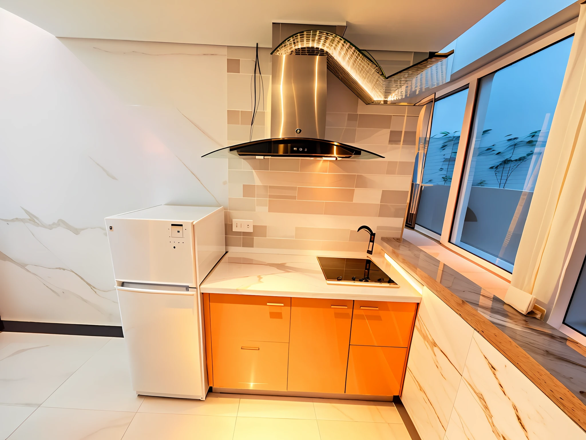 The main body is a high-end kitchen with white high-grade tiles; Induction cooker on the operator table ⬆️. Clean pool, refrigerator on the side, warm lighting, must reflect all the above items, the decoration style is minimalist and simple, white tone, bright lighting, bright tone, human perspective.