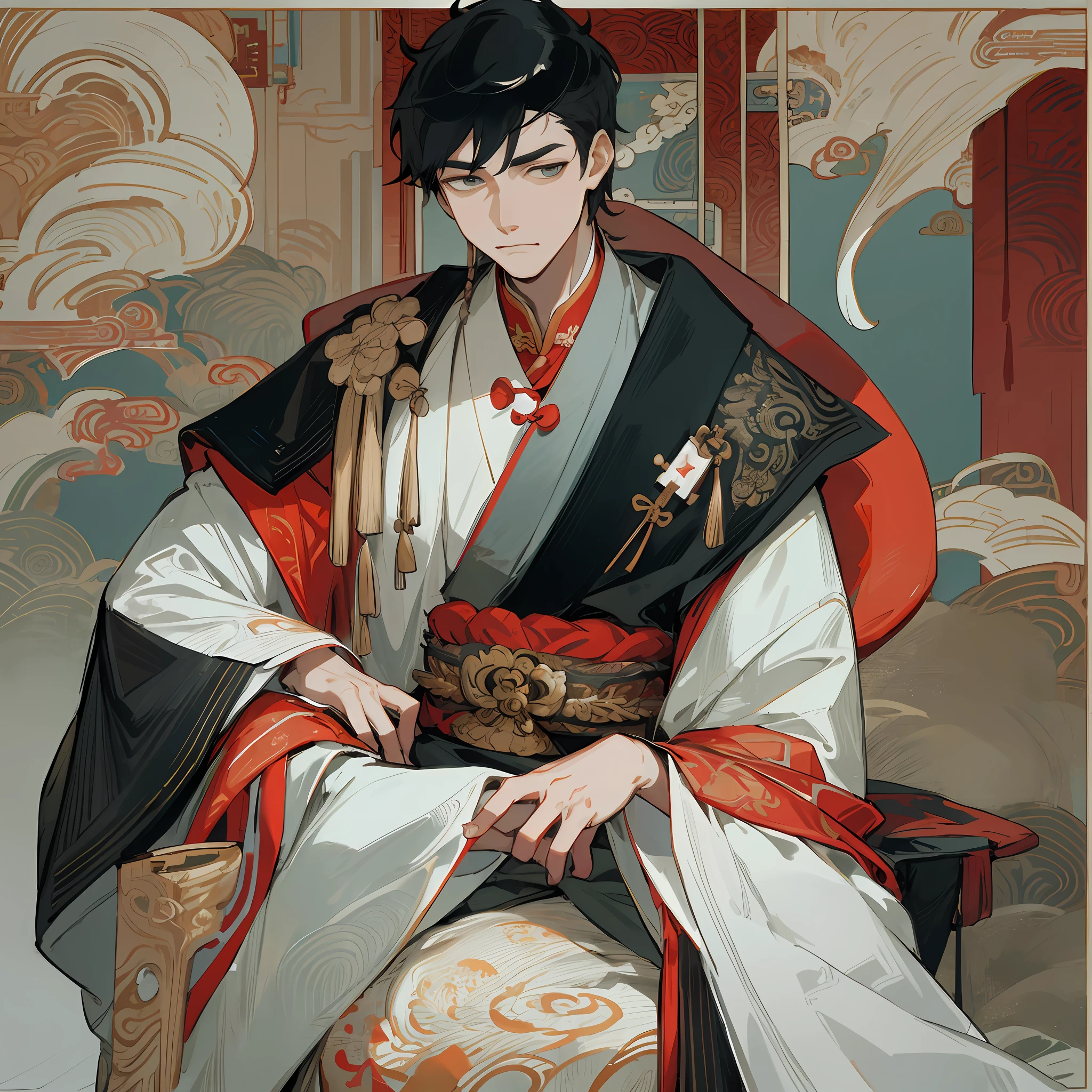 Chinese male emperor, sad face, ancient Chinese costume, in the imperial palace