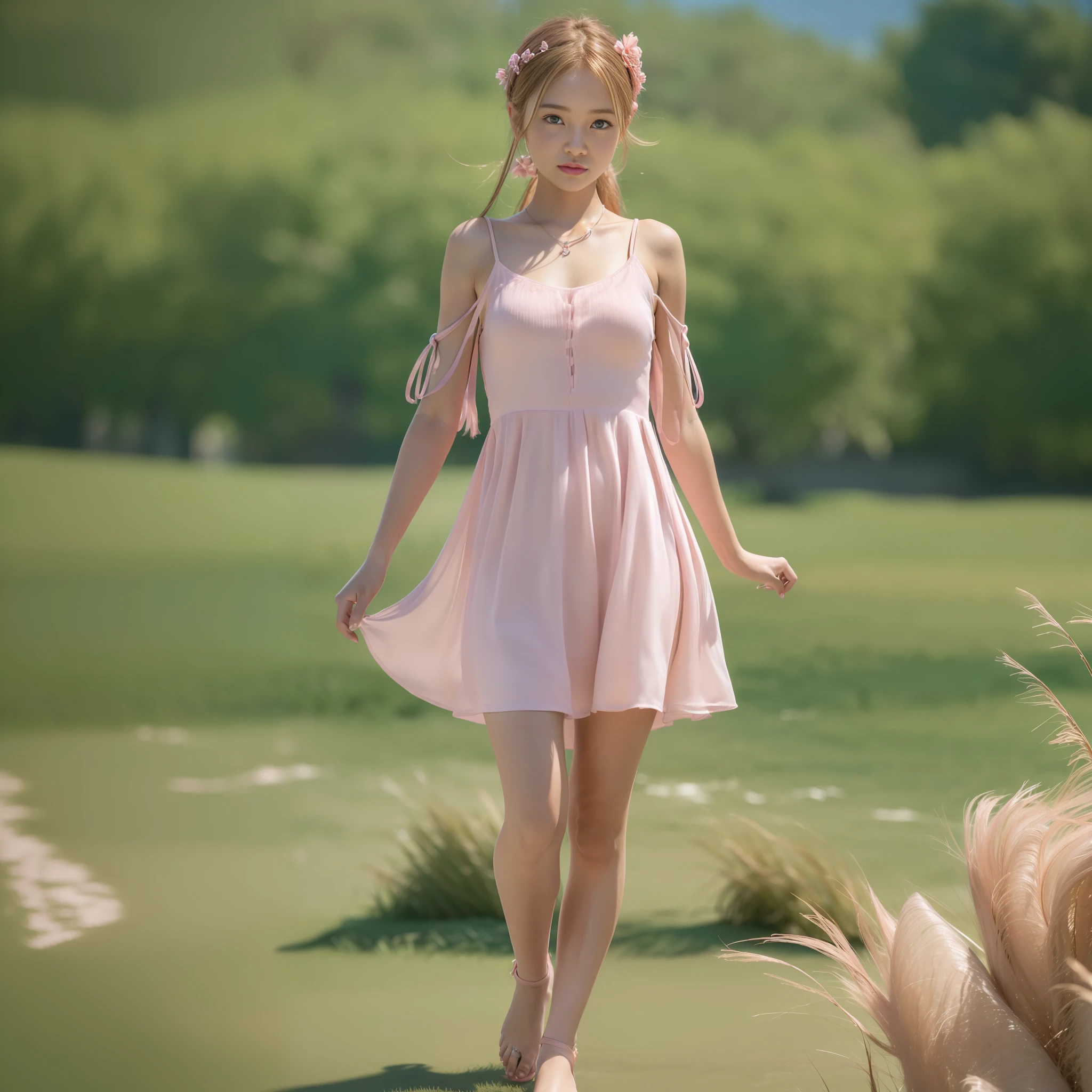 ((Ultra High Quality)), (Smooth Image)), (((Realistic 3D Image)), ((Light Pink Dress)), (Open from Shoulders to Chest)), ((Short Dress)), (Barefoot Sandals)), ((No Underwear)), (Sea)), ((The Wind Is Blowing), (Has Long Hair)), ((1 person), (18-year-old cute beautiful girl))), (Full body appearance)),(((Protruding)