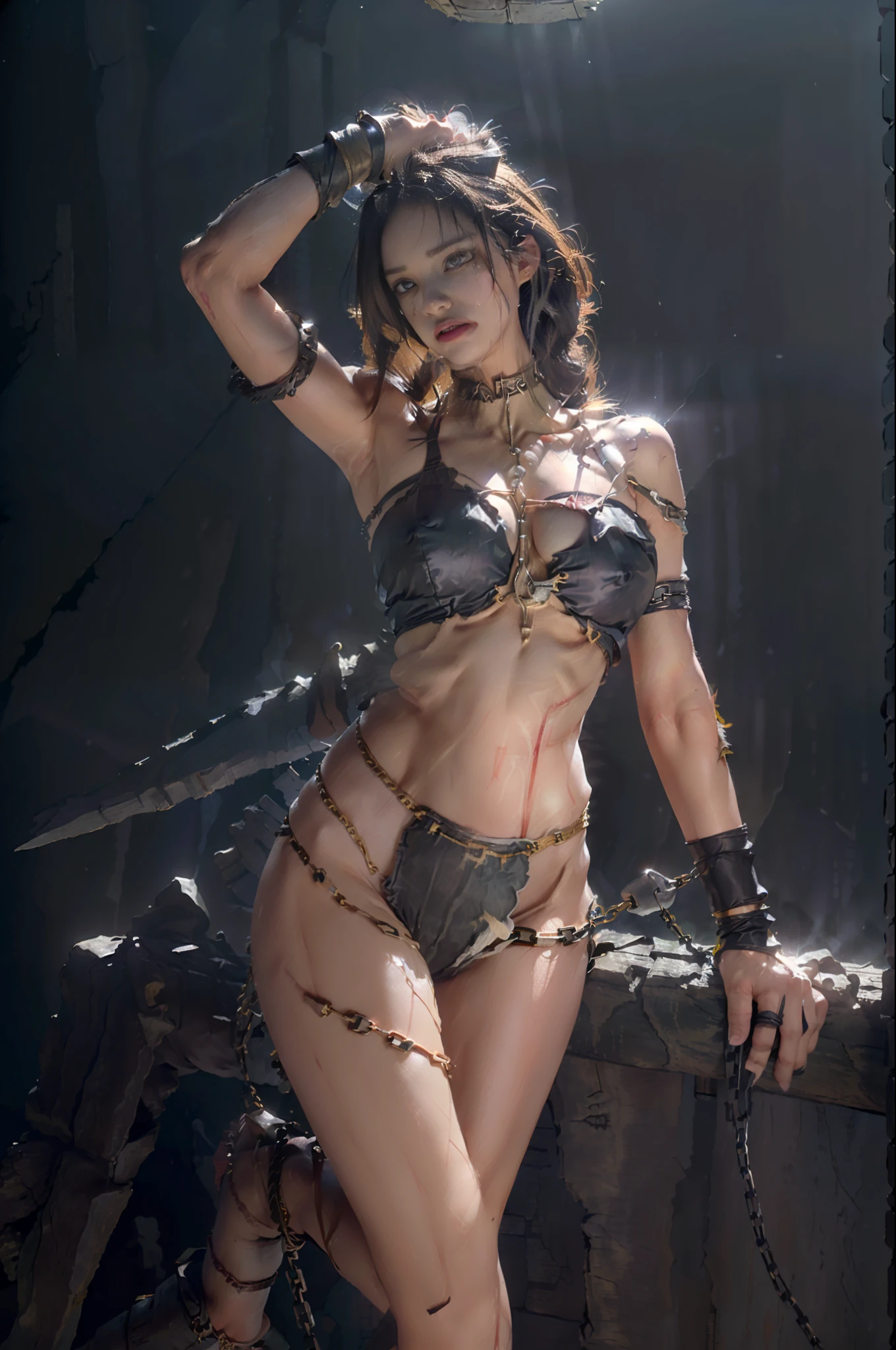 ((wearing the superheroine's torn sheer costume)),(((no panties, no bra)), wet crotch, wet thighs, Beautiful girl with accentuated slender abs: 1.4, (((The tip is protruding, the areola is protruding, the shape of the pubic area is clearly visible)), Six-pack abs: 1.4, Bust Botox, (fully tied with a chain), Restraint, Slave, collar, contempt, (((tears flow, cry with pain)), sweating, (((vast prison with sunlight)), dark fantasy, peeling of the ceiling, broken slabs, rebar between cracks, realistic material details, extreme details, ultra-realistic materials, broken walls, ((torn costume))), wet, cloudy, ((chained)), ((big emphasized by chains)), ((chains digging into the crotch)) , ((hands tied behind the back, invisible hands)), (no panties, no bra), shredded costumes, broken golden shields and battle spears, combat shoulder armor, junkyard, blood on the face, blood splattered, realistic, (bruises, dirty, torn clothes, revealing clothes, blood: 1.3), brown hair, long hair, torn cloak, torn pantyhose, long legs, ((chains digging into the crotch)) , one leg suspended by chains, metallic shackles and fetters, (((crotch chains stretched to the ceiling and taut)), arms hung from the ceiling with chains, left ankle fetters chained by chains suspended from the ceiling, wet crotch clearly visible, shot from below, hands of shackles raised above by chains suspended from the ceiling and sides visible, sword and shield made of Swarovski at feet, anatomical, (futuristic sci-fi battle fashion, cracked elbow and knee cyberpad, ripped cyber long boots, ripped cyber gloves: 1.1), (((Y-shaped balance pose with both wrists and left leg bound))), ((left leg stretched straight up without bending the knee)), photography, sharpness, unique 850 4, Koda850 k portrait camera, F1.6 lens, ultra realistic textures, spectacular light textures, Cinestil 800 fashion mechanics,
