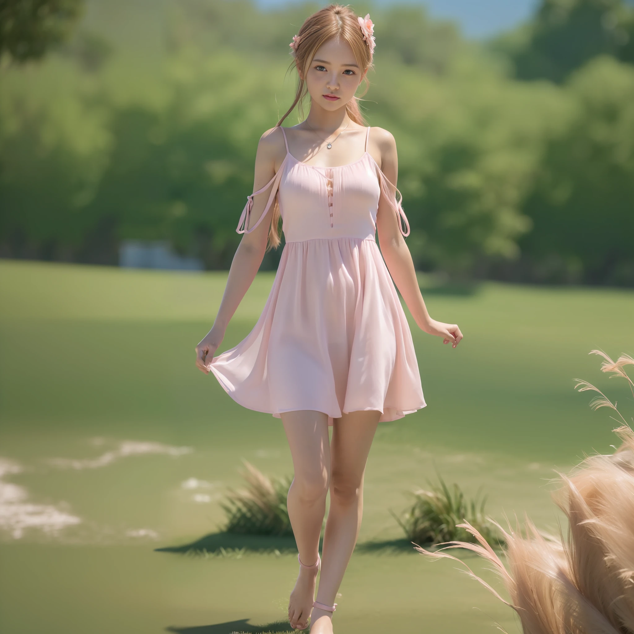 ((Ultra High Quality)), (Smooth Image)), (((Realistic 3D Image)), ((Light Pink Dress)), (Open from Shoulders to Chest)), ((Short Dress)), (Barefoot Sandals)), ((No Underwear)), (Sea)), ((The Wind Is Blowing), (Has Long Hair)), ((1 person), (18-year-old cute beautiful girl))), (Full body appearance)),(((Protruding)