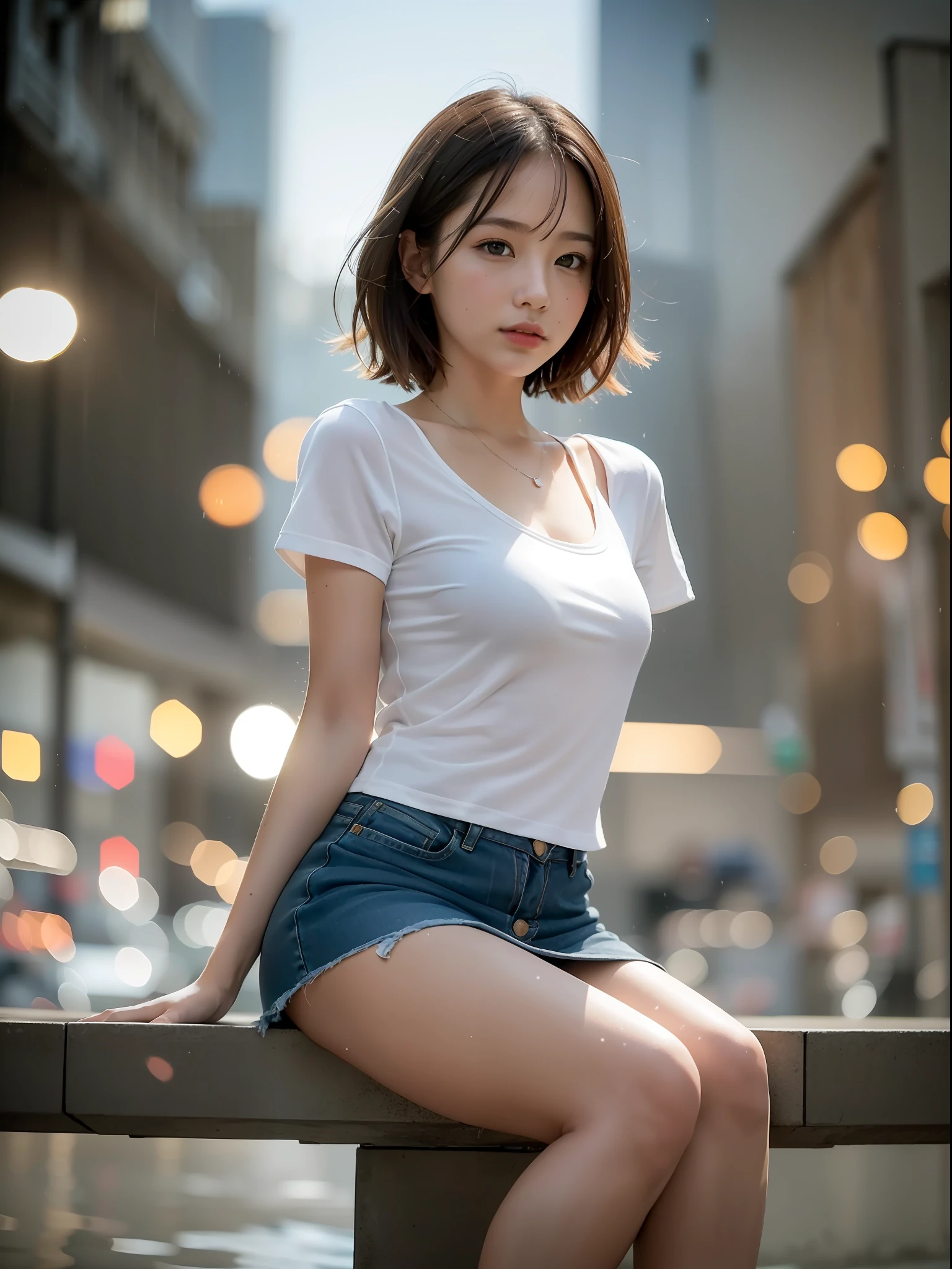 ((Best quality, 8k, Masterpiece: 1.3, raw photo)), Sharp focus: 1.2, (1 AESPA girl: 1.1), (realistic, photo-realistic:1.37), face focus, cute face, small breasts, flat chested, brunette short messy hair, sitting, arms up, wet clothes, camisole, business skirt, city, rain, sunlight, cinematic lighting, from below