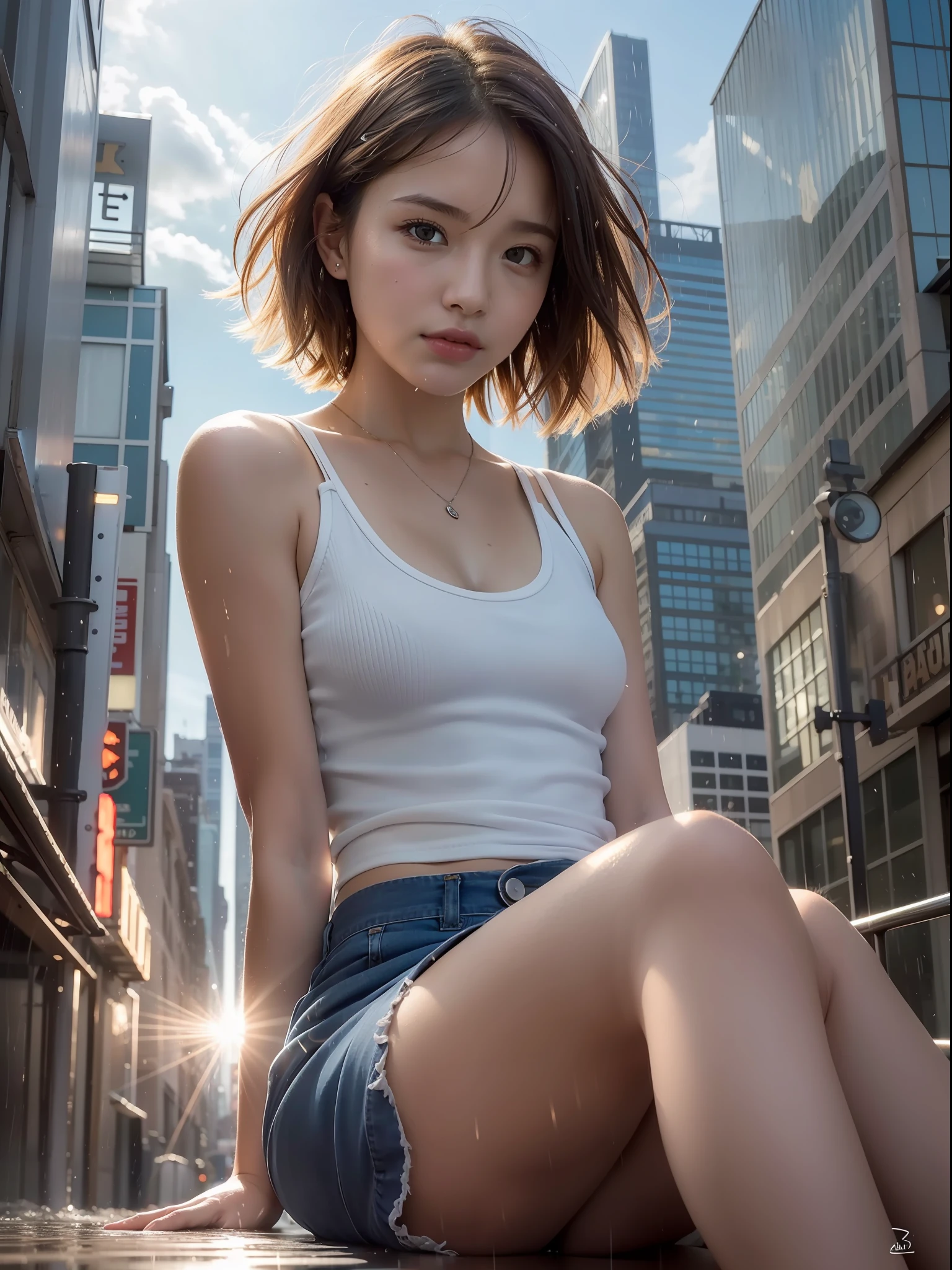((Best quality, 8k, Masterpiece: 1.3, raw photo)), Sharp focus: 1.2, (1 AESPA girl: 1.1), (realistic, photo-realistic:1.37), face focus, cute face, small breasts, flat chested, brunette short messy hair, sitting, arms up, wet clothes, camisole, business skirt, city, rain, sunlight, cinematic lighting, from below