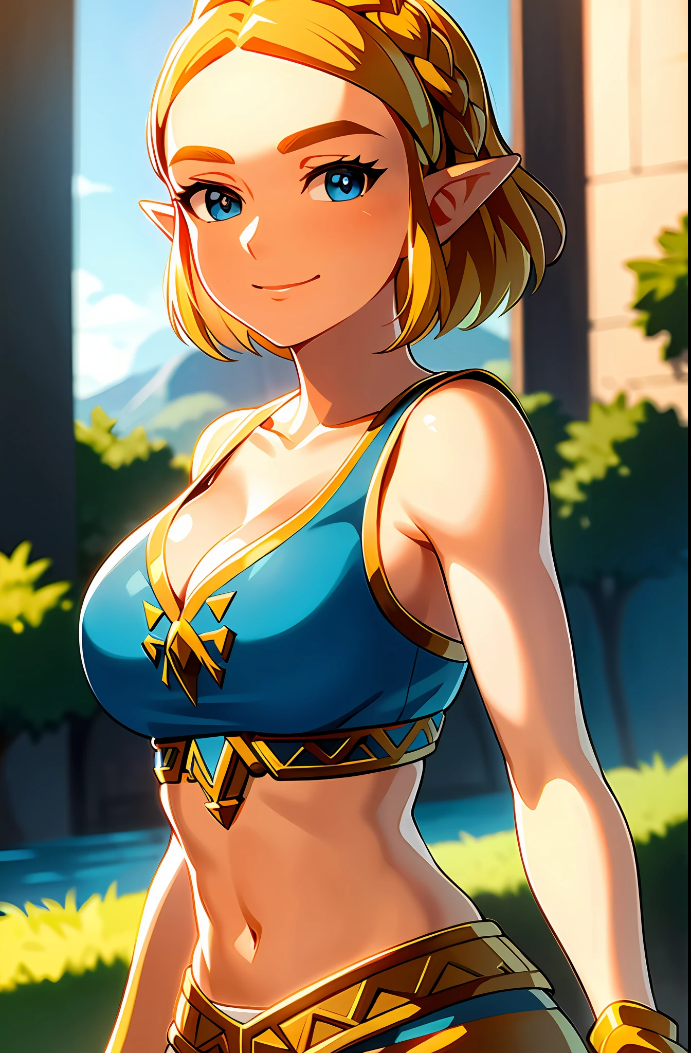 masterpiece,best quality,zelda\(princess\), 1girl, solo, large breasts,short_hair, cleavage, bare arms, bare stomach, sleeveless, smile, hand bra, slim stomach