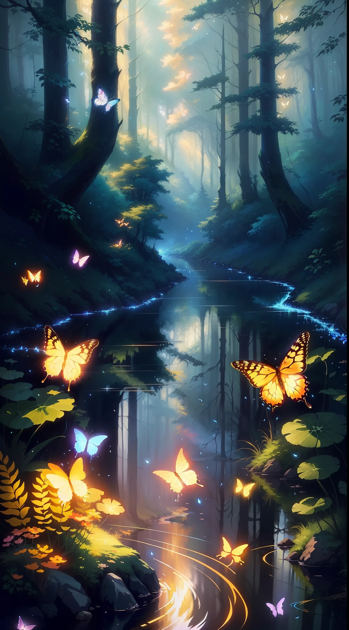 a painting of a stream in the forest with butterflies flying around, beautiful digital art, makoto shinkai cyril rolling, bright butterflies, magical environment, very beautiful digital art, anime nature, detailed digital art 4k, inspired by Cyril Rolando, nature anime wallpap, beautiful digital art, magical forest with fireflies