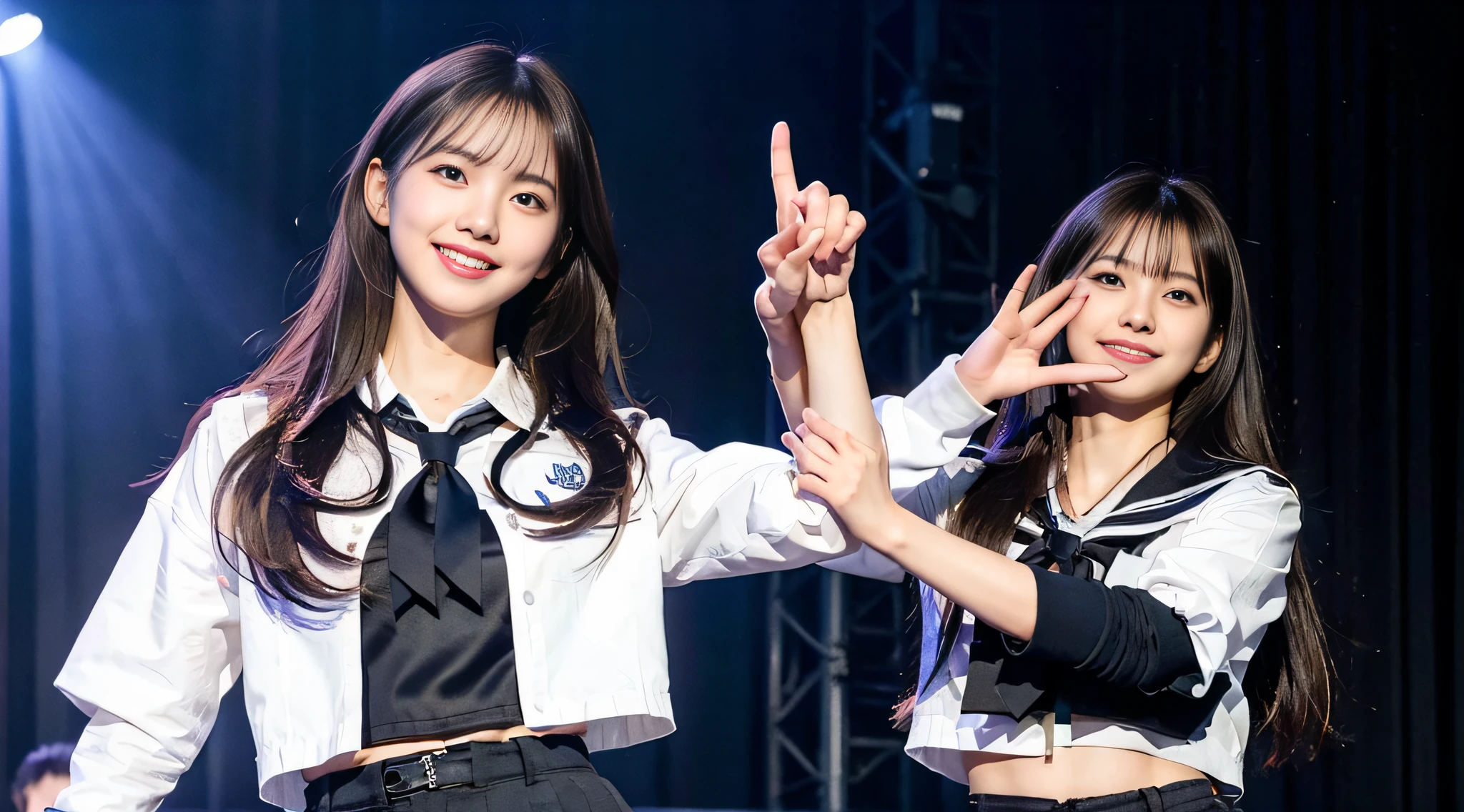 (8k, RAW photos, top quality, masterpiece: 1.2), super detail, super resolution, (photorealistic: 1.4), , high school girl miss con, schoolgirl posing on stage, smile so much that you can see teeth, full body shot, full body photo, high resolution RAW color photo, beautiful and shiny stage light, real light, detailed background of female proofreading miss con 2022, Dancing on stage, swaying skirt, holding a microphone in her right hand, very detailed and beautiful background, super high image quality, 8k wallpaper, amazing details, very fashionable and delicate uniform, very detailed beautiful girl, very detailed face very detailed eyes, very realistic skin, very detailed fingers, very detailed nose, very detailed mouth, perfect anatomy, very detailed background, very detailed clothes, teen, Cute girl, Famous Japan idol, Cute, Realistic body, Slender, White skin, Glowing skin, Slim body, Long straight hair, (Dull bangs:1.2), Realistic face, Delicate eyes, Double eyelids, Sailor suit, red tie, pink eye shadow, (((Hair is fluttering every time a high school girl dances)), Celebrity-level cuteness, Modern female proofreading, ( Heart mark under the eye wo) (Cute pose)