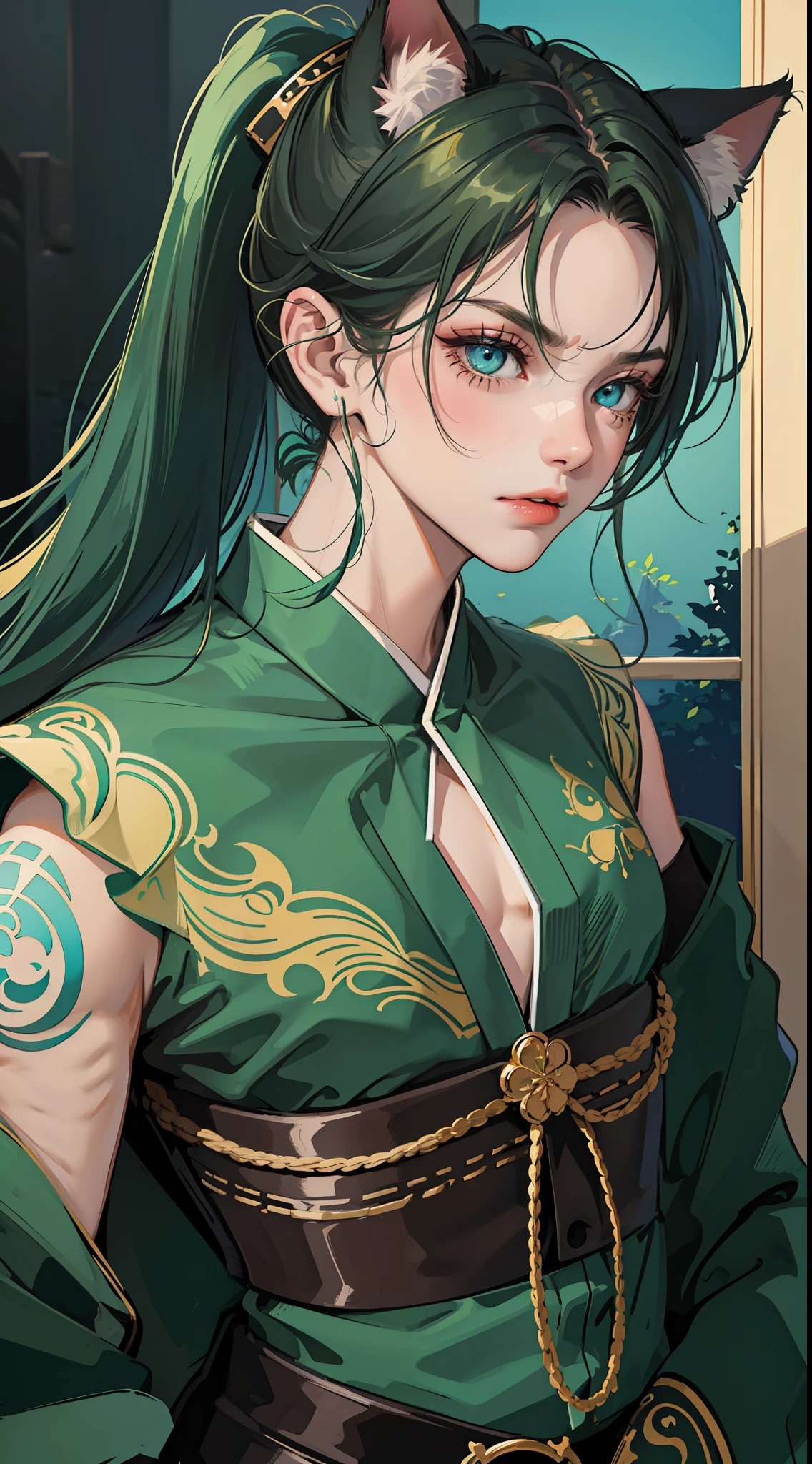 Adult guy, short dark green hair, cat ears, high ponytail, cyan eyes, combat kimono, left chest and left arm open, tattoos, fan, serious look, bow, masterpiece, high quality