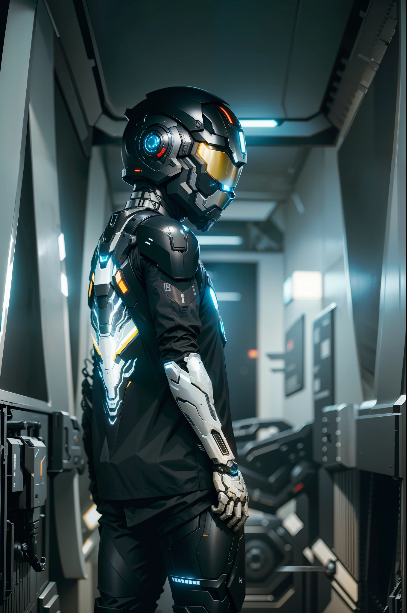 Black mech suit, full body mech cyber iron man with cyber tech helmet, black full body mech suit, Nousr, biomechanics, MSHN robot man, high-tech helmet, surreal, steel, complex design, crazy details, fine details, extremely clear lines, cinematic lighting, photo realistic, detailed masterpiece