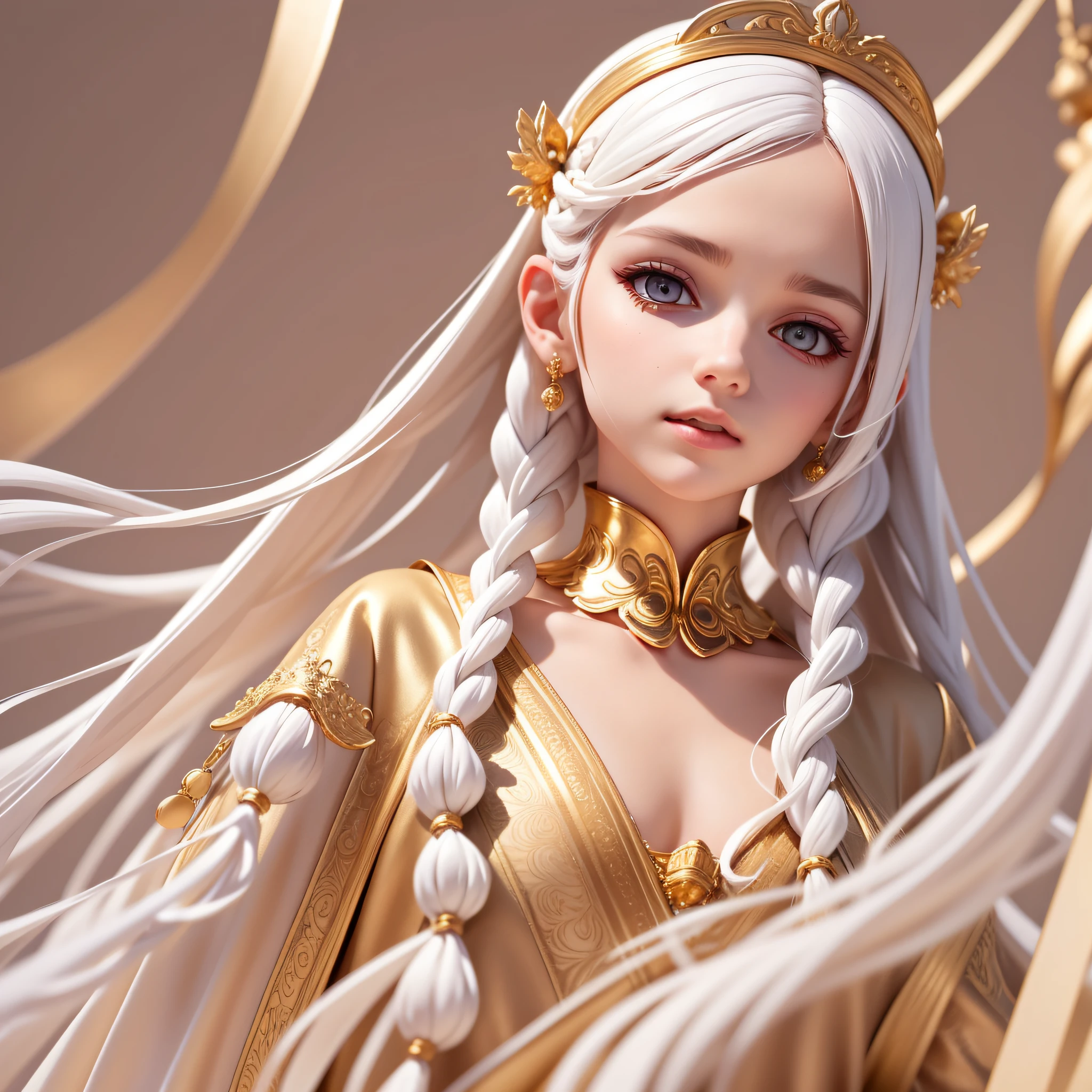 best quality, masterpiece,white hair, gold eyes,white clothes, looking up, upper body,hair strand,Fair skin,side braids