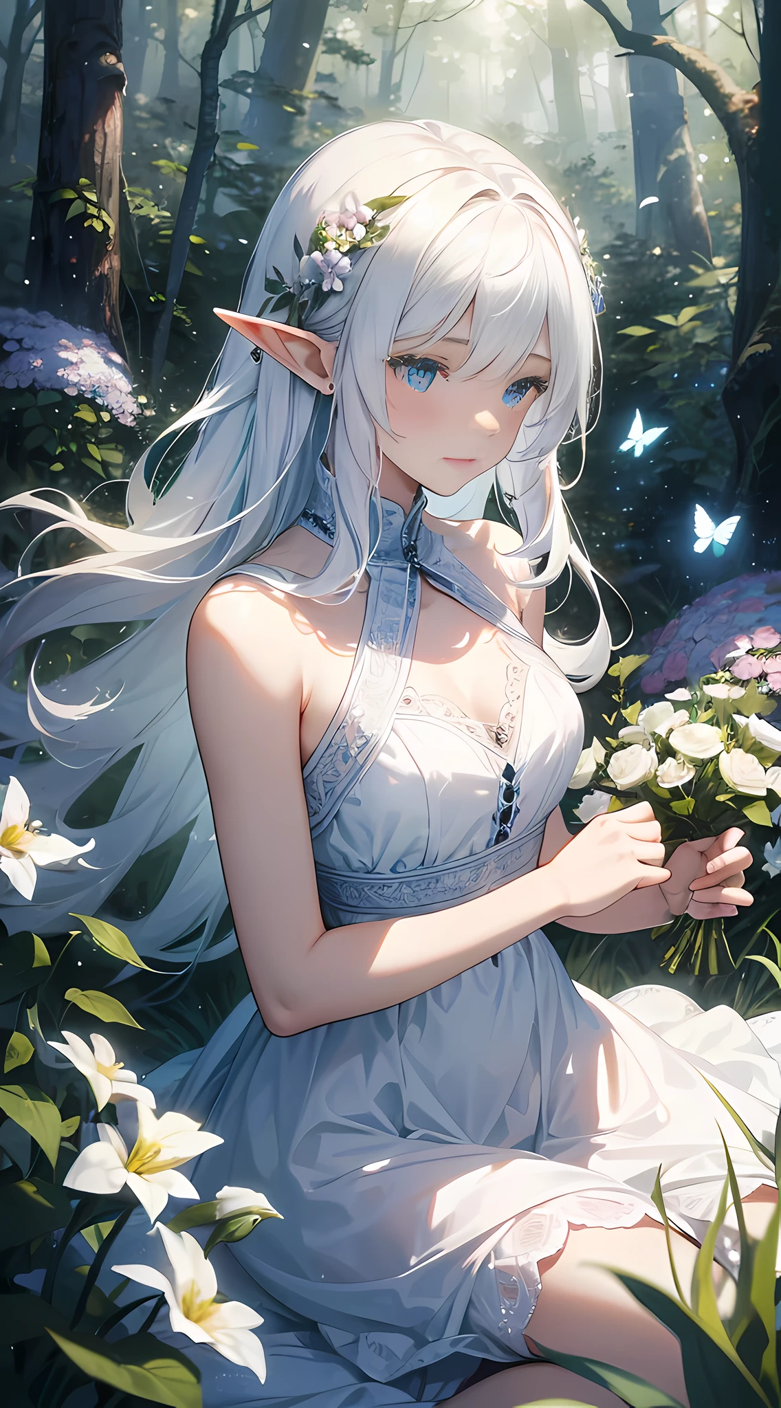 (Masterpiece, Best Quality) (Best Quality, Masterpiece), Extremely Delicate, Beautiful CG Illustration, Best Quality, High Resolution, Dynamic Angle, Full Length Lens, (1 Girl), Blue Eyes and Long Straight White Hair, High-key Lighting, White Hair, In the foggy fairy tale forest, there is a girl with white hair, she is dressed in a white dress full of flowers, stepping on delicate moss, surrounded by a sea of flowers and butterflies. With her eyes slightly closed and a gentle smile on her face, she showed a sense of inner peace and joy. Between the frowns, her eyebrows were slightly raised, revealing a hint of curiosity and exploration. The white hair appeared pure and mysterious on her, as if it were an elf-like being, exuding a charming and mysterious charm.