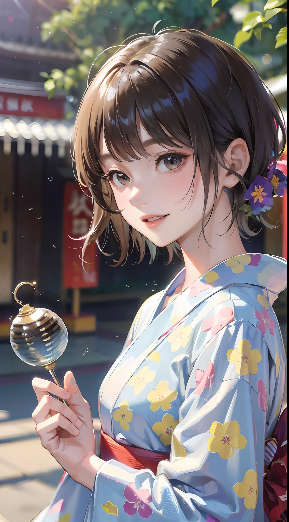 wind chimes, morning glory, girl in yukata, short cut hair, temple, festival, summer, sweat, water, standing figure, white skin, clear skin, smile,
