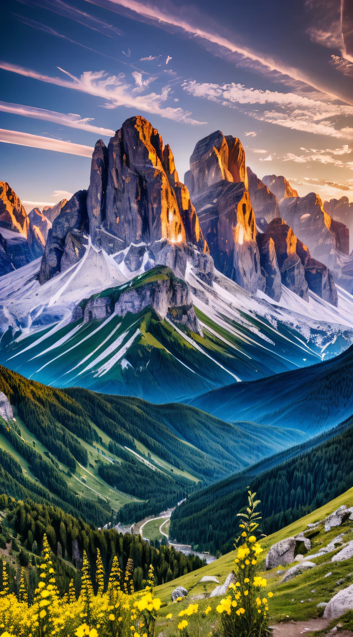 There are two yellow flowers in the foreground of the valley, ryan dyar, Mark Adamus, Lpoty, In the Dolomites, "The Golden Grail, Fyodor Rokotov, in valleys, Cedric Peravernay, Alexei Venesyanov, Devil's Point, alexey egorov, Surrealism, high detail, Verism, chiaroscuro, sparkle, cinematic lighting, Fujicolor, f/2.8, Hasselblad, UHD, retina, masterpiece, ccurate, anatomically correct, super detail, high details, high quality, award winning, best quality, highres, 8k --auto --s2