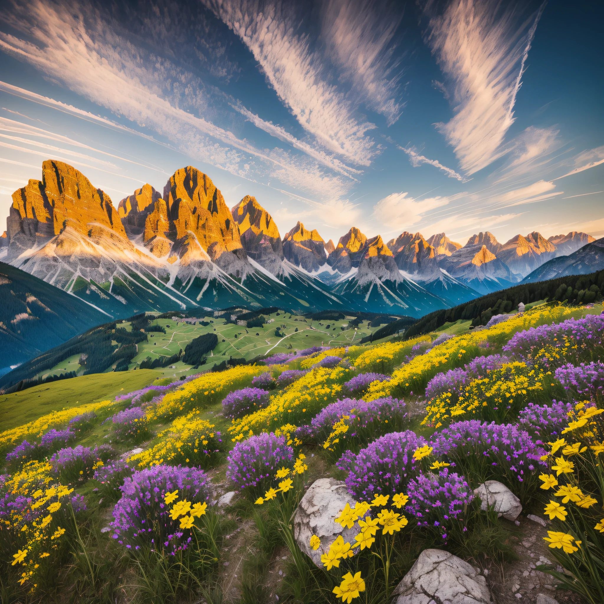 There are two yellow flowers in the foreground of the valley, ryan dyar, Mark Adamus, Lpoty, In the Dolomites, "The Golden Grail, Fyodor Rokotov, in valleys, Cedric Peravernay, Alexei Venesyanov, Devil's Point, alexey egorov, Surrealism, high detail, Verism, chiaroscuro, sparkle, cinematic lighting, Fujicolor, f/2.8, Hasselblad, UHD, retina, masterpiece, ccurate, anatomically correct, super detail, high details, high quality, award winning, best quality, highres, 8k --auto --s2