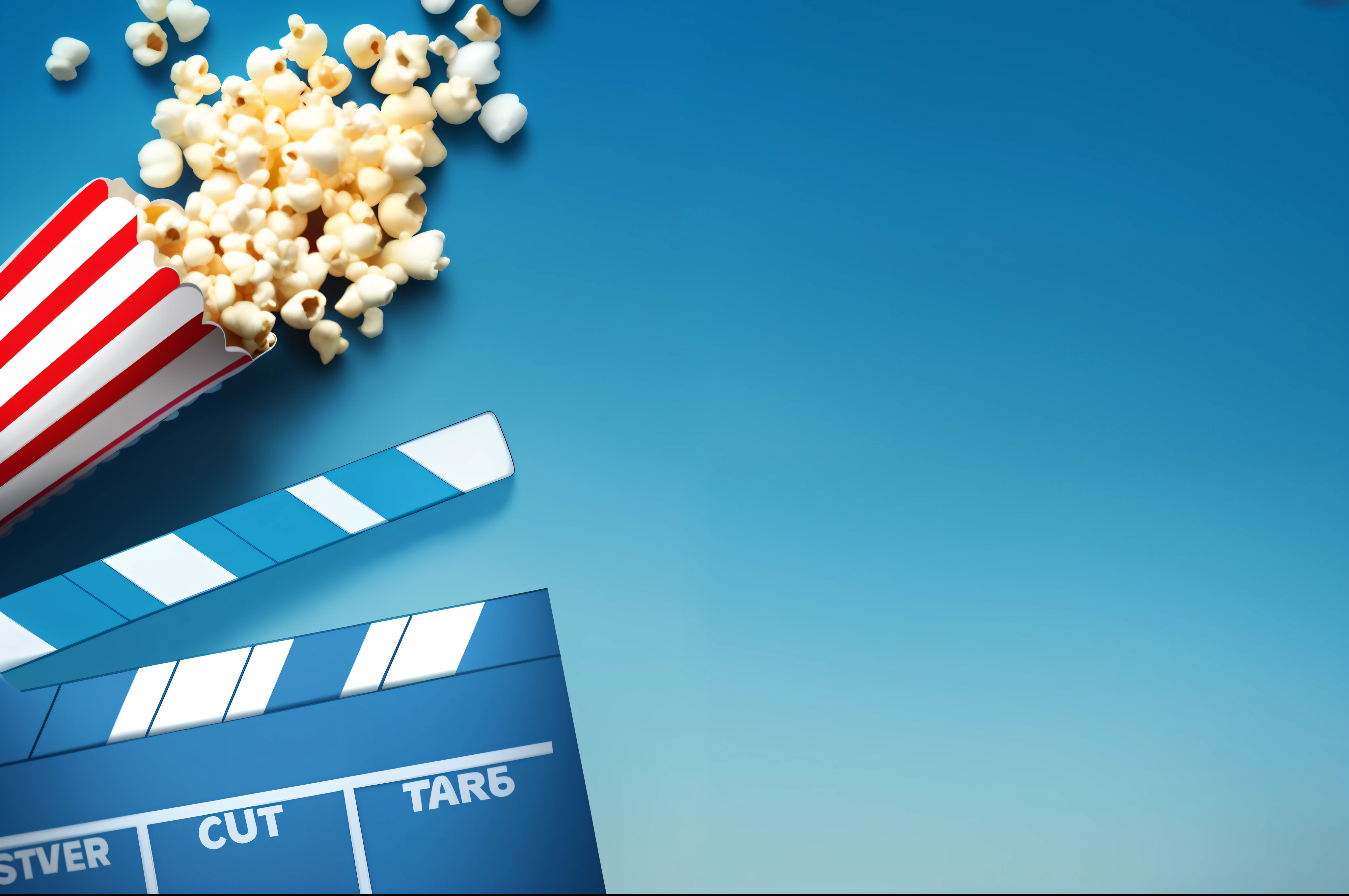 a clap and popcorn on a blue background, movies, cine still, hollywood promotional image, movie promotional image, cinestill, movie poster with no text, film production, cinematográfica, cinematic movie image, cinema, cinematográfic, cinema still, # film, movie picture, movie announcement, movie still 8 k, movie promo, stock footage