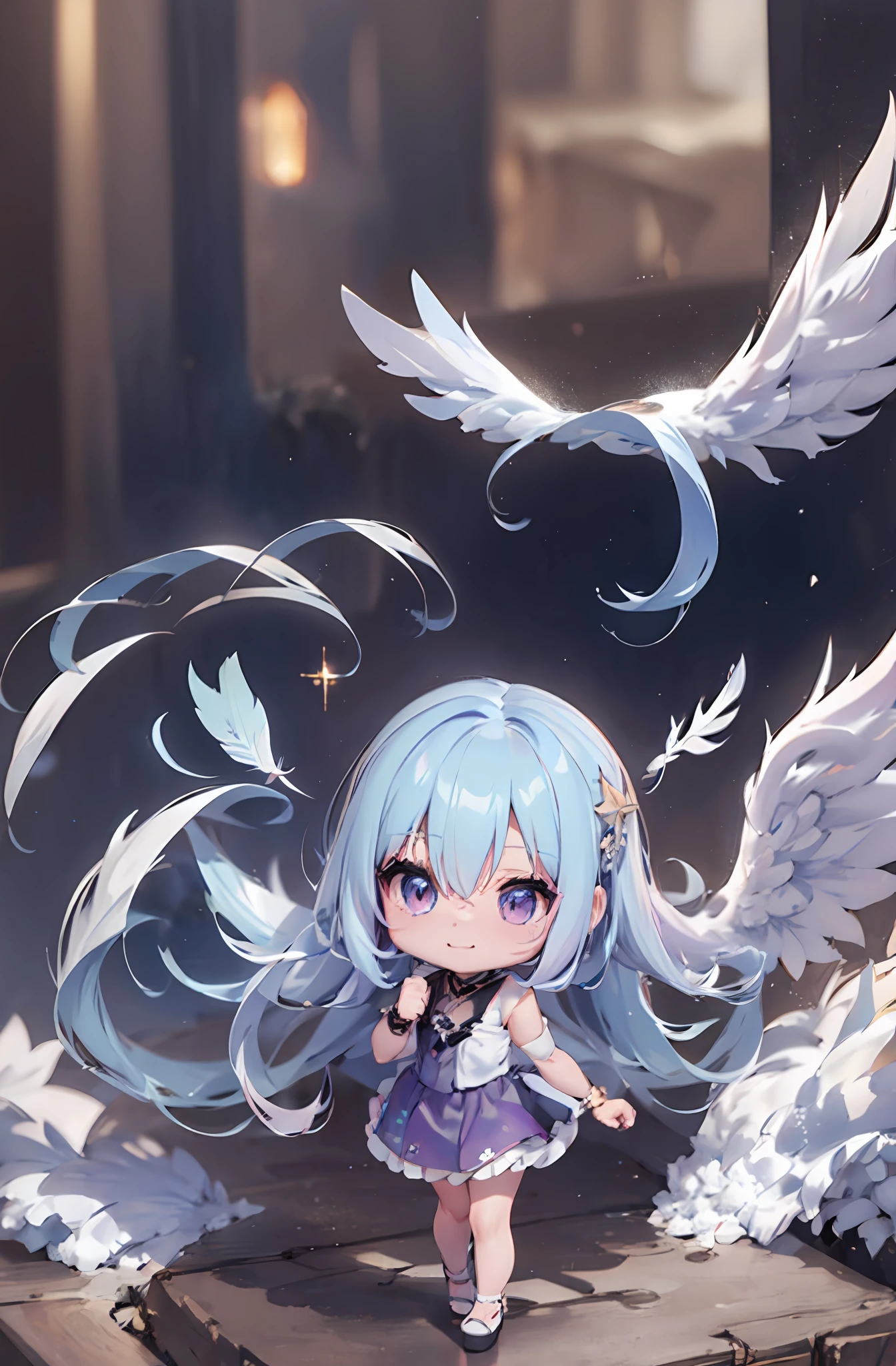 1 anime angel doll, (Chibi: 1.2), 8K high quality detail art, white feathers on the back, light purple hair, gradient, twinkle, style as Nendoroid, stylized anime, anime style 4K, cute detailed digital art, Guweiz style artwork, 8K octar rendering photos, advanced digital chibi art, Cute 3d render, anime style, light, glow