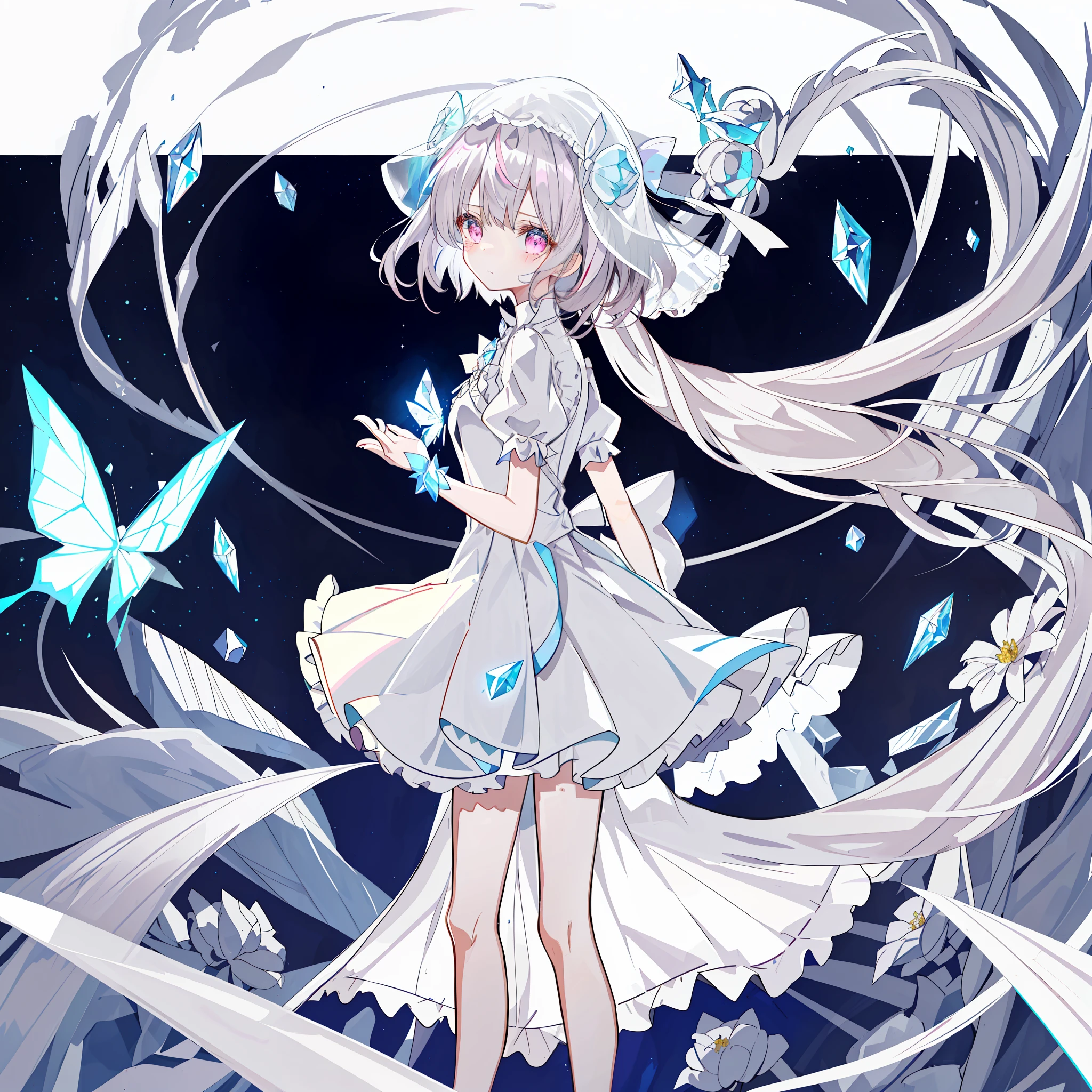 {{{{Masterpiece}}}}, {{Best Quality}}, {Official Art}}}, {Very detailed CG Unity 8k wallpaper}}}, {{{Art book}}}, 1 girl, gray hair, pink eyes, center frills, diamond (gemstone), short hair, sideburns, shiny hair, wavy hair, floating hair, hair strands, veil, background with glass and flowers, white dress, crystal, big space, beautiful detail anything, beautiful detail face, beautiful detail eyes, beautiful detail background, cute , lolie, cute face, white theme, thin skirt, layered dress, sun dress, white butterfly, diamond world, crystal flower, eyes, ice theme, falling, sad face, tears, blue and white crystal background, nihilism, frustration, crystalline girl, fog, colored, {{{{pleated dress}}}}}, {{sexy dress}}, nude dress