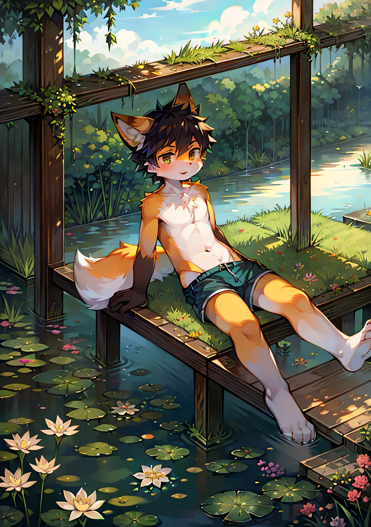 Masterpiece, High quality portrait, (bright environment: 0.8), wetland, white clouds, sun rain, reed, lotus, clean water, flower, shrub, moss, butterfly, leaf umbrella, dragonfly, ruin, furry male, fox boy, shota, beast type, top, shorts, short hair, fox ears, fox tail, three fluffy tails, super detailed fur, humanoid focus, panorama