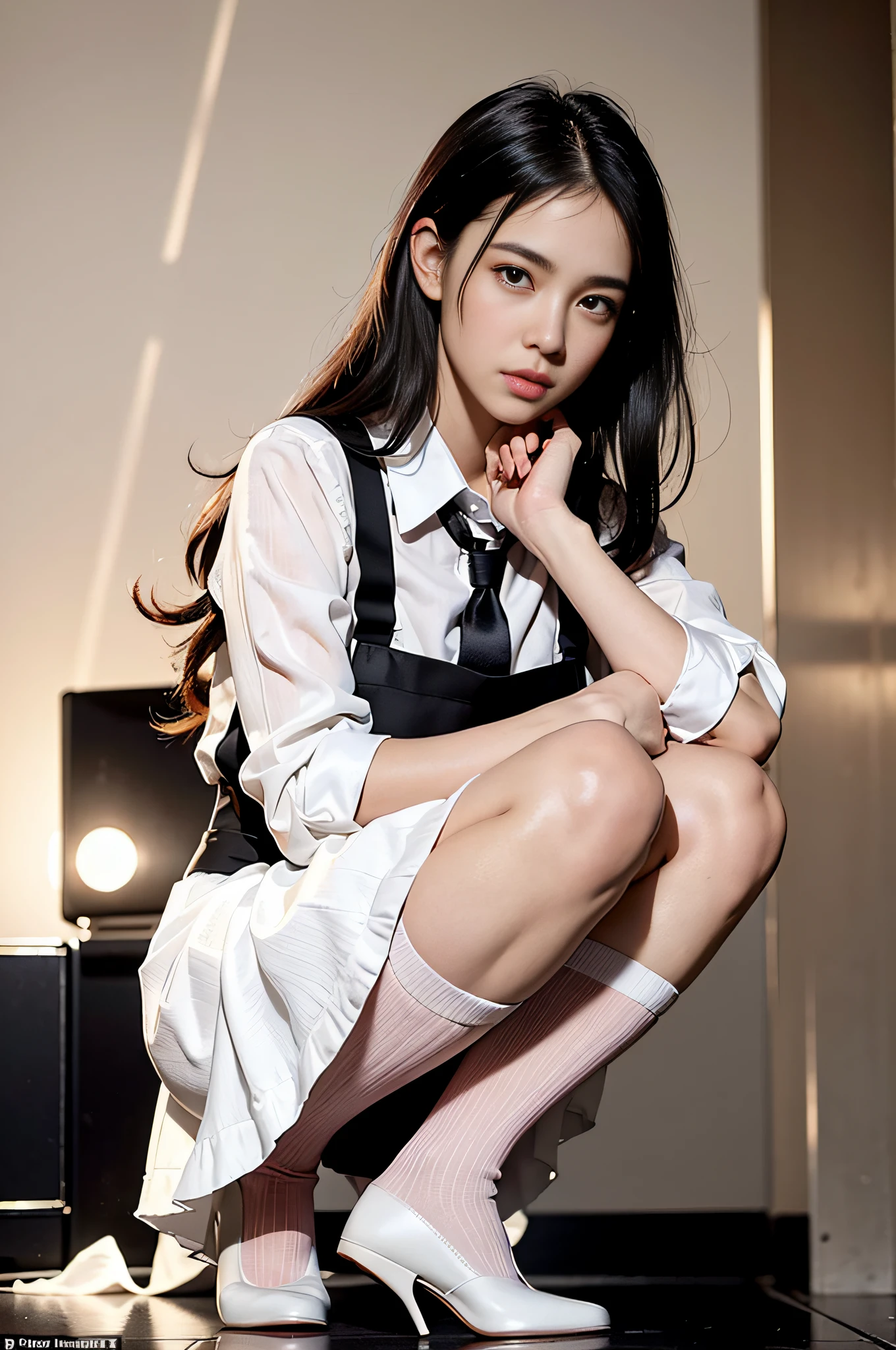 (Photoreal: 1.4), (Hyperrealistic: 1.4), (Realistic: 1.3), (Smooth Lighting: 1.05), (Improved Cinematic Lighting Quality: 0.9), 32K, 1 Female, 24-year-old waitress crouching on her knees, white background, Realistic lighting, Backlight, Face lights, ray tracking, (Bright light: 1.2), (Quality improvement: 1.4), (Top quality realistic textured skin: 1.4), Fine detailed eyes, Detailed face, Fine quality eyes, Dark brown eyes, (Wet and light-reflecting pink lips), (Tired and sleepy and satisfied: 0.0), White blouse, black café skirt, apron, dark brown hair, pure white silk socks, black strap pumps, ( White silk socks of shiny sleek fabric: 1.5), dark brown hair, (full body: 1), café background, light café white wall background, holding tray with coffee cup and pot on top
