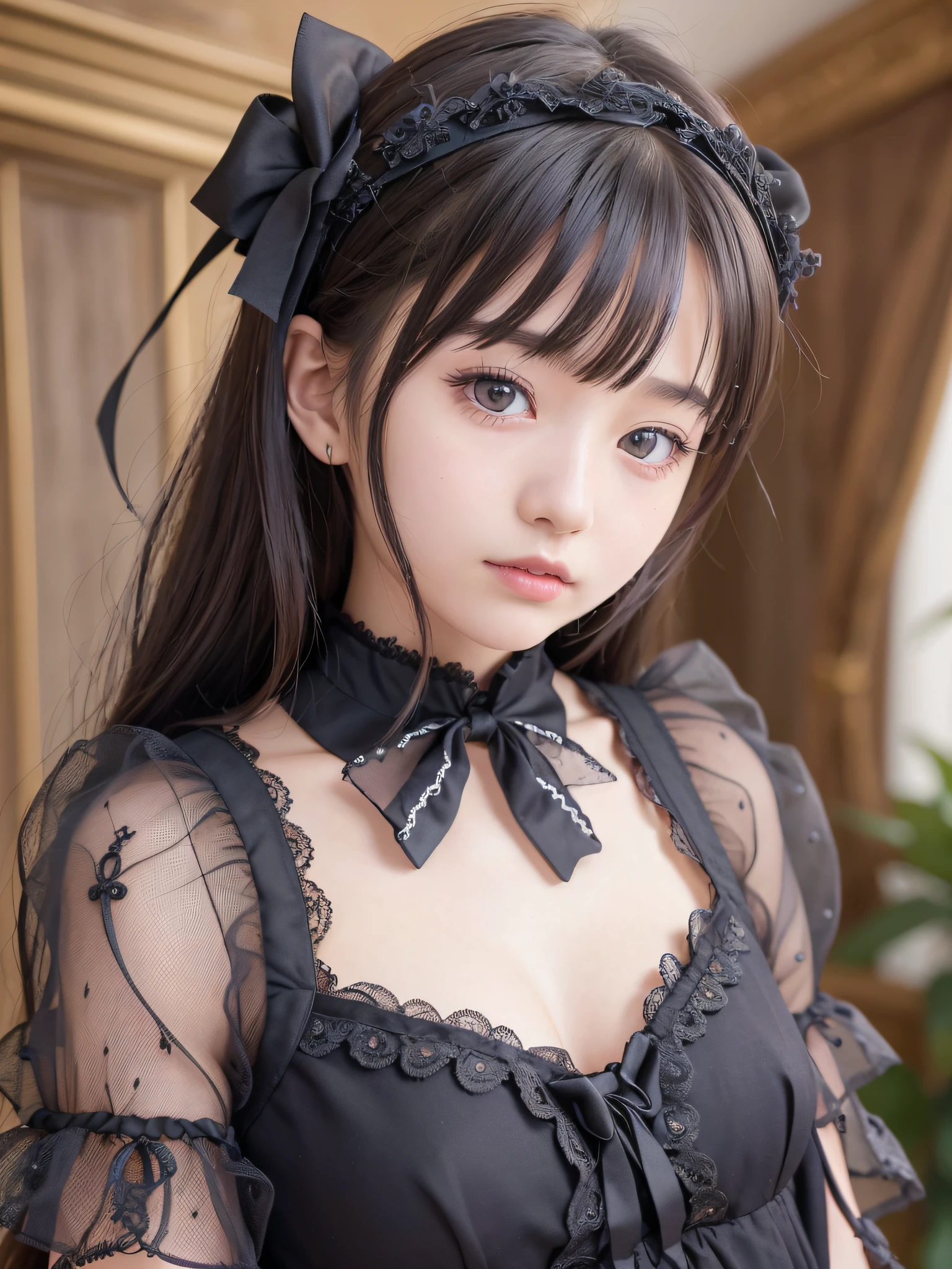 1 nogizaka girl, utterly cute, bishojo, , gothic loliashion, an exquisitely detailed and beautiful face and eyes and skin, detailed black shine hair, elegant frills, frilled tie, ribbon tie, rose hair accessory, smile at the camera, full body, (castle in europe), professional lighting, BREAK, (realistic, photo-realistic:1.37), 8k, (masterpiece), (best quality:1.4), (ultra high res:1.2), (RAW photo:1.2), (a dress with delicate lace, soft fabric, and a beautiful rose pattern), perfect anatomy, 4fingers and 1thumbs, ultra detailed background, (unity 8k wallpaper)