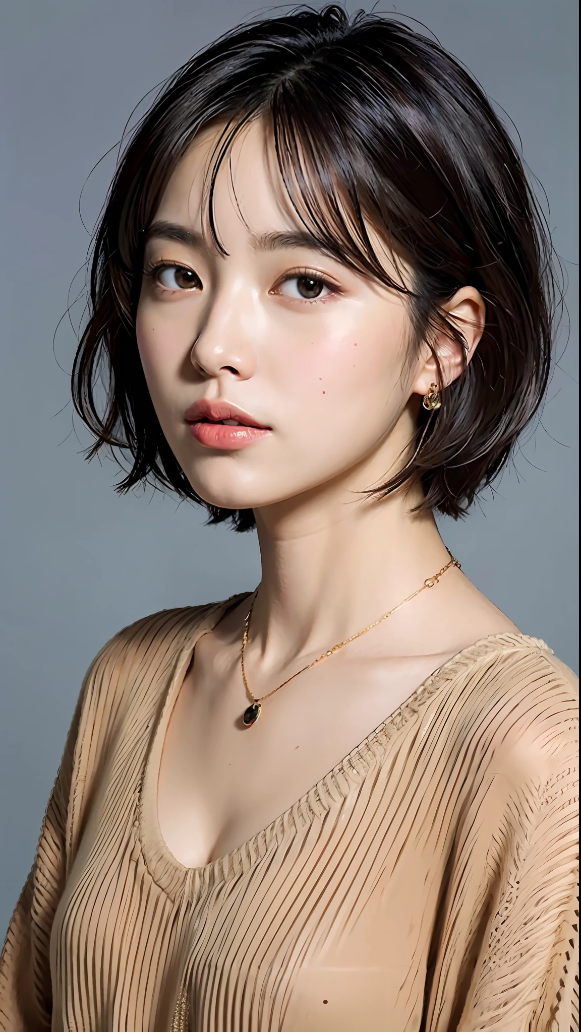 (Best Quality, 8k, 32k, Masterpiece, UHD: 1.2), Cute Japan Woman Pictures, Big, Very Short Bob Hair, Upper Body, Face Focus, oversized_sweater, Necklace, Simple Background, From Above, Watching the Viewer, Short Clothes