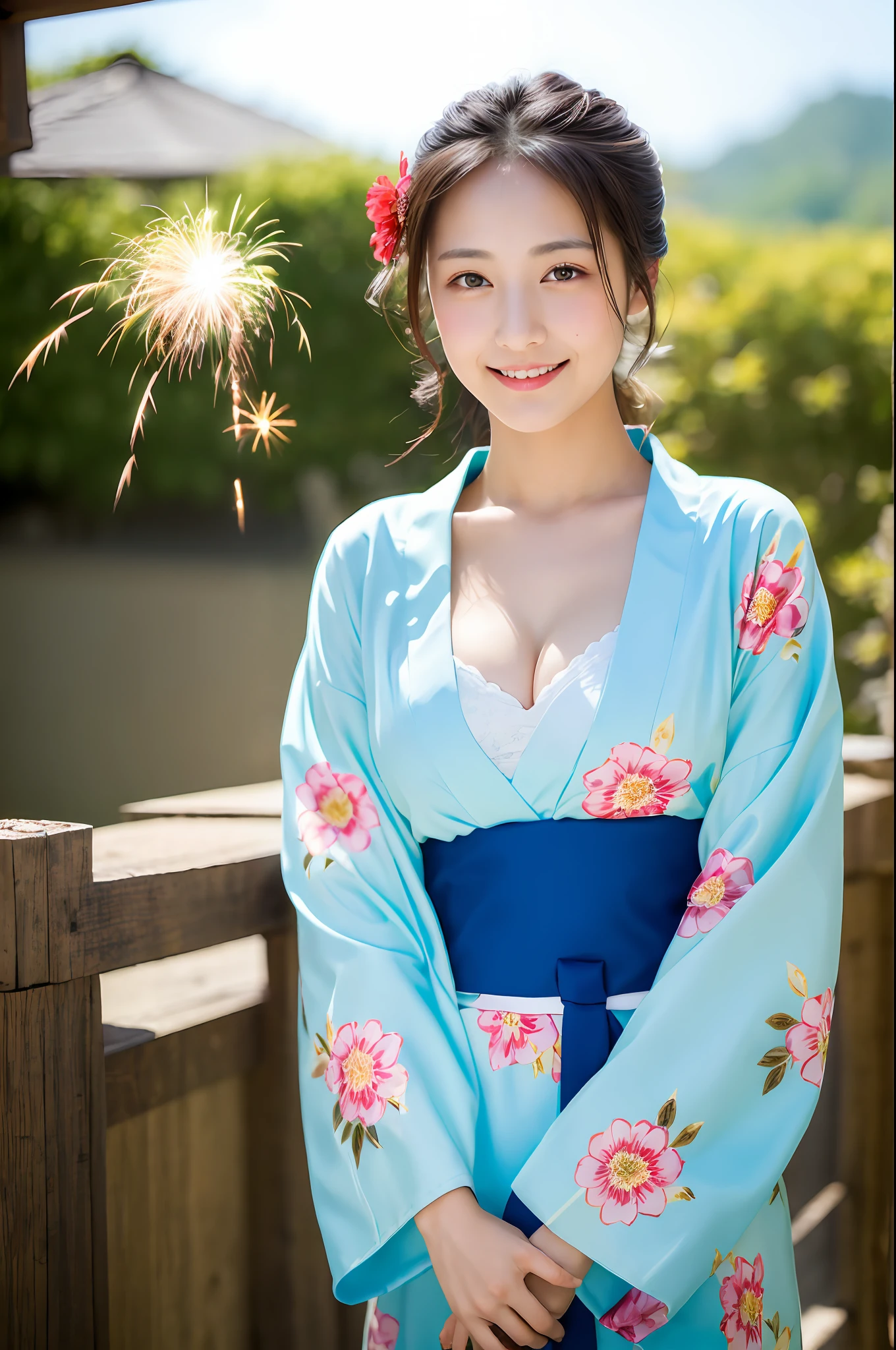 ((masterpiece, highest quality, super definition, high definition)), solo, beautiful girl, shining eyes, perfect eyes, beautiful sister of Japan, fluffy breasts, cleavage, holding a yukata with a floral pattern, prickly, background fireworks,