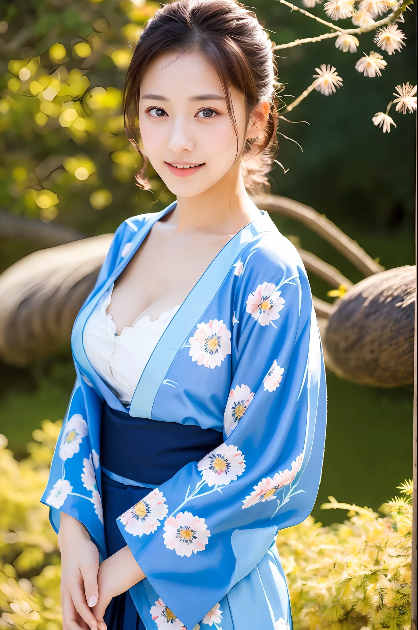 ((masterpiece, highest quality, super definition, high definition)), solo, beautiful girl, shining eyes, perfect eyes, beautiful sister of Japan, fluffy breasts, cleavage, holding a yukata with a floral pattern, prickly, background fireworks,