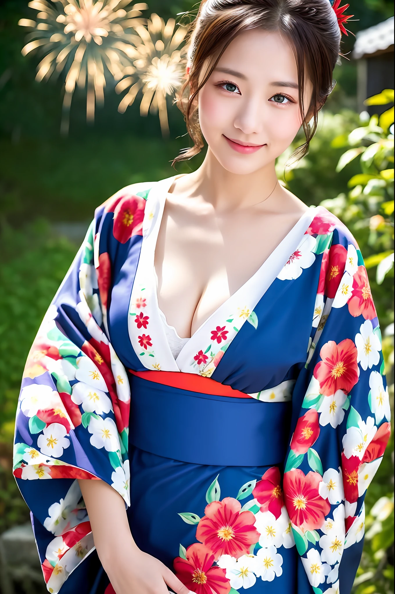 ((masterpiece, highest quality, super definition, high definition)), solo, beautiful girl, shining eyes, perfect eyes, beautiful sister of Japan, fluffy breasts, cleavage, holding a yukata with a floral pattern, prickly, background fireworks,