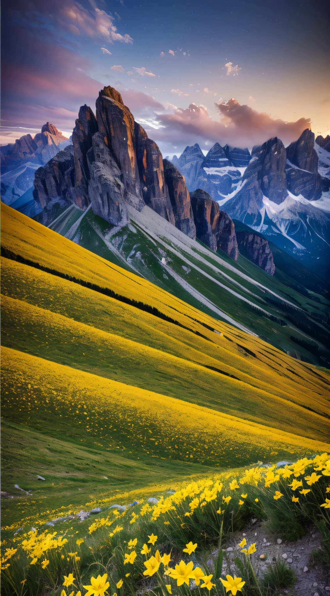 There are two yellow flowers in the foreground of the valley, ryan dyar, Mark Adamus, Lpoty, In the Dolomites, "The Golden Grail, Fyodor Rokotov, in valleys, Cedric Peravernay, Alexei Venesyanov, Devil's Point, alexey egorov, Surrealism, high detail, Verism, chiaroscuro, sparkle, cinematic lighting, Fujicolor, f/2.8, Hasselblad, UHD, retina, masterpiece, ccurate, anatomically correct, super detail, high details, high quality, award winning, best quality, highres, 8k --auto --s2