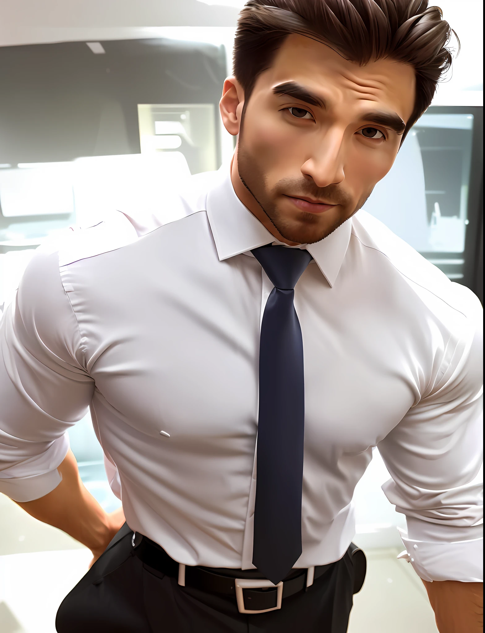 1man, a muscular 30-year-old teacher, wearing a long-sleeved white shirt and tie, is seducing someone with his body