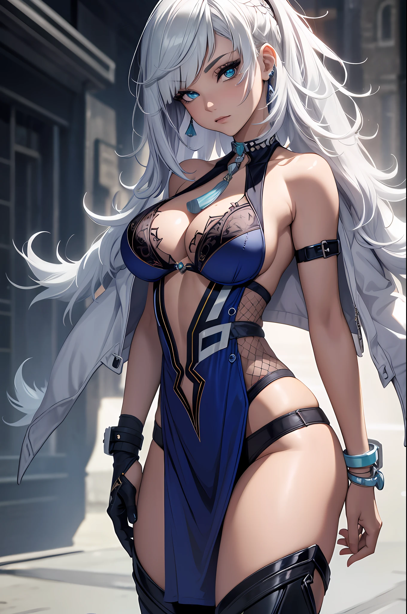 16K, RTX, HDR, extremely high details, intricate, professional makeup, closeup shot, best quality, masterpiece, night time, 1woman, solo, mature, cool, edgy, muscular, sexy micro bikini top, glowing eyes, long hair, smooth skin, big boobs, cleavage, ((extremely slutty)).