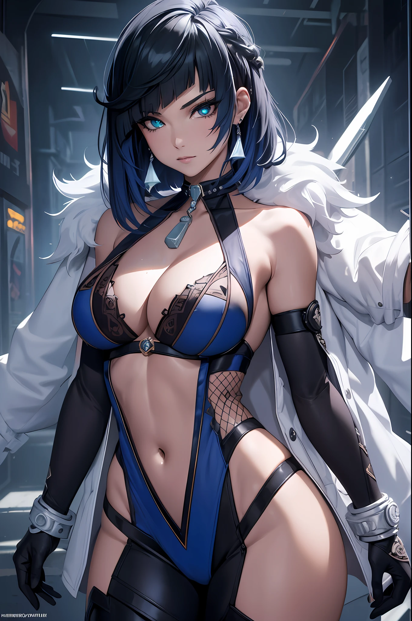 16K, RTX, HDR, extremely high details, intricate, professional makeup, closeup shot, best quality, masterpiece, night time, 1woman, solo, mature, cool, edgy, muscular, sexy micro bikini top, glowing eyes, long hair, smooth skin, big boobs, cleavage, ((extremely slutty)).