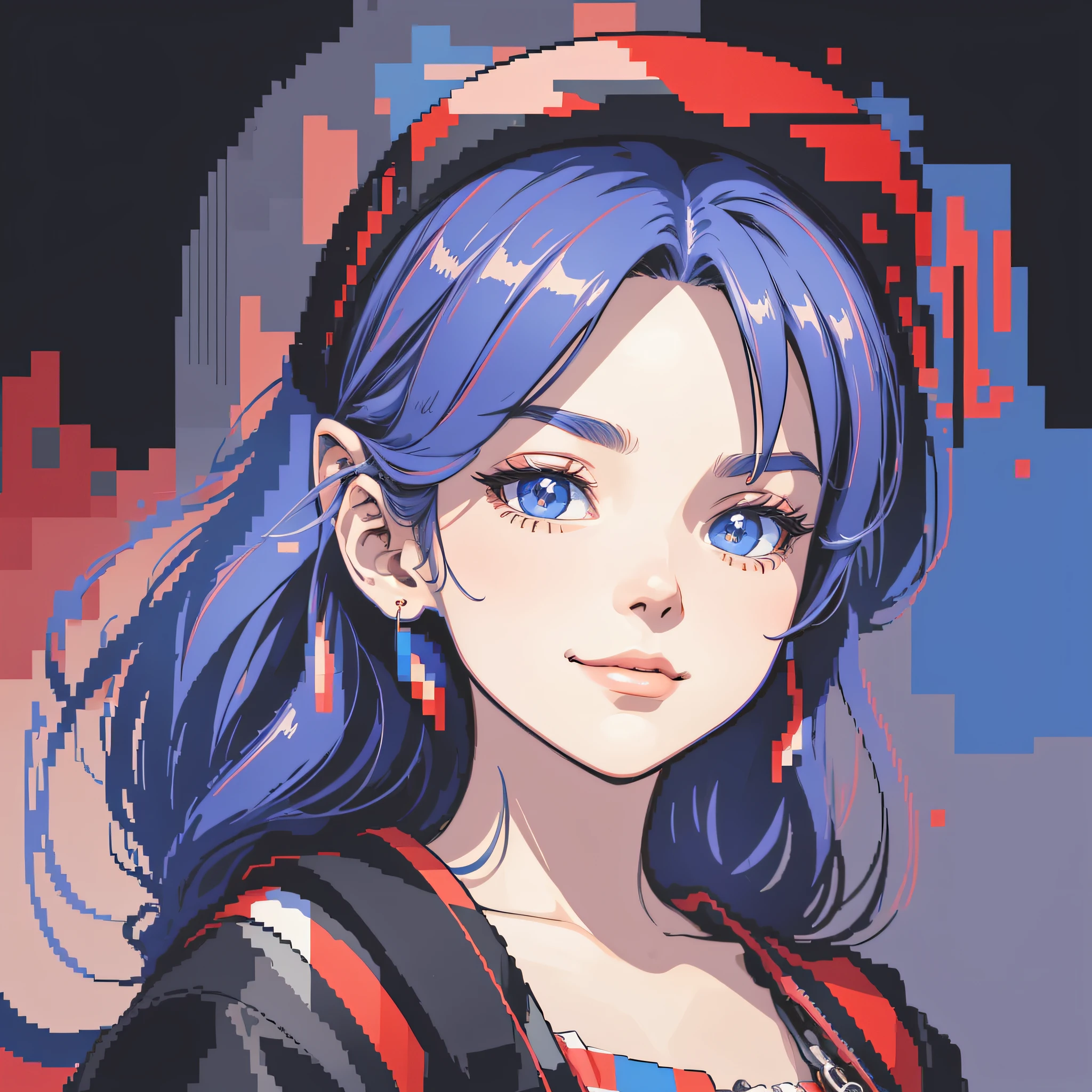 Masterpiece, best quality, young beautiful girl, super detailed, official art, Unity 8k wallpaper, Smirk, red and blue, pixel art, (retro aesthetic): 1.2, nostalgic charm, blocky texture, limited color palette, digital design, 8-bit style --auto --s2