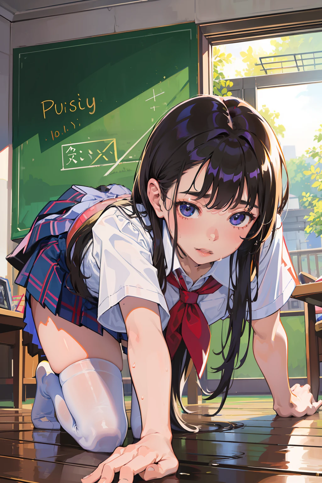 (masterpiece, best quality:1.2), a hyperrealistic schoolgirl, solo, 1girl, yukinoshita yukino, (shiny skin, wet skin:1.2), sweating, slight smile, looking at viewer, on all fours, school uniform, white shirt, plaid skirt, thighhighs, afternoon, classroom hyperrealistic schoolgirl