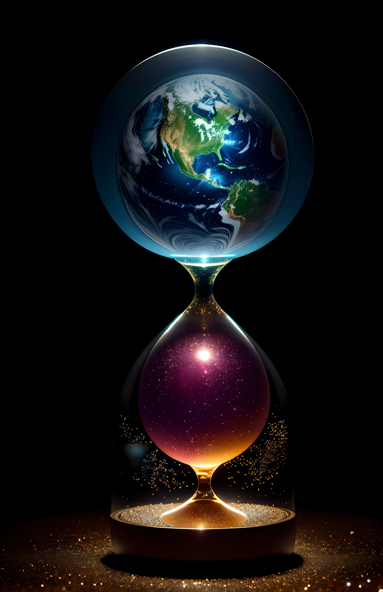 Earth in an hourglass, glitter, real, refraction of atmospheric light, by Lee Jeffries Nikon D850 Film Stock Photo 4 Kodak Portra 400 Camera f1.6 Lens Rich colors Ultra-realistic realistic textures Dramatic lighting Unreal Engine trending at Art Station Cinestir 800, Style Glass