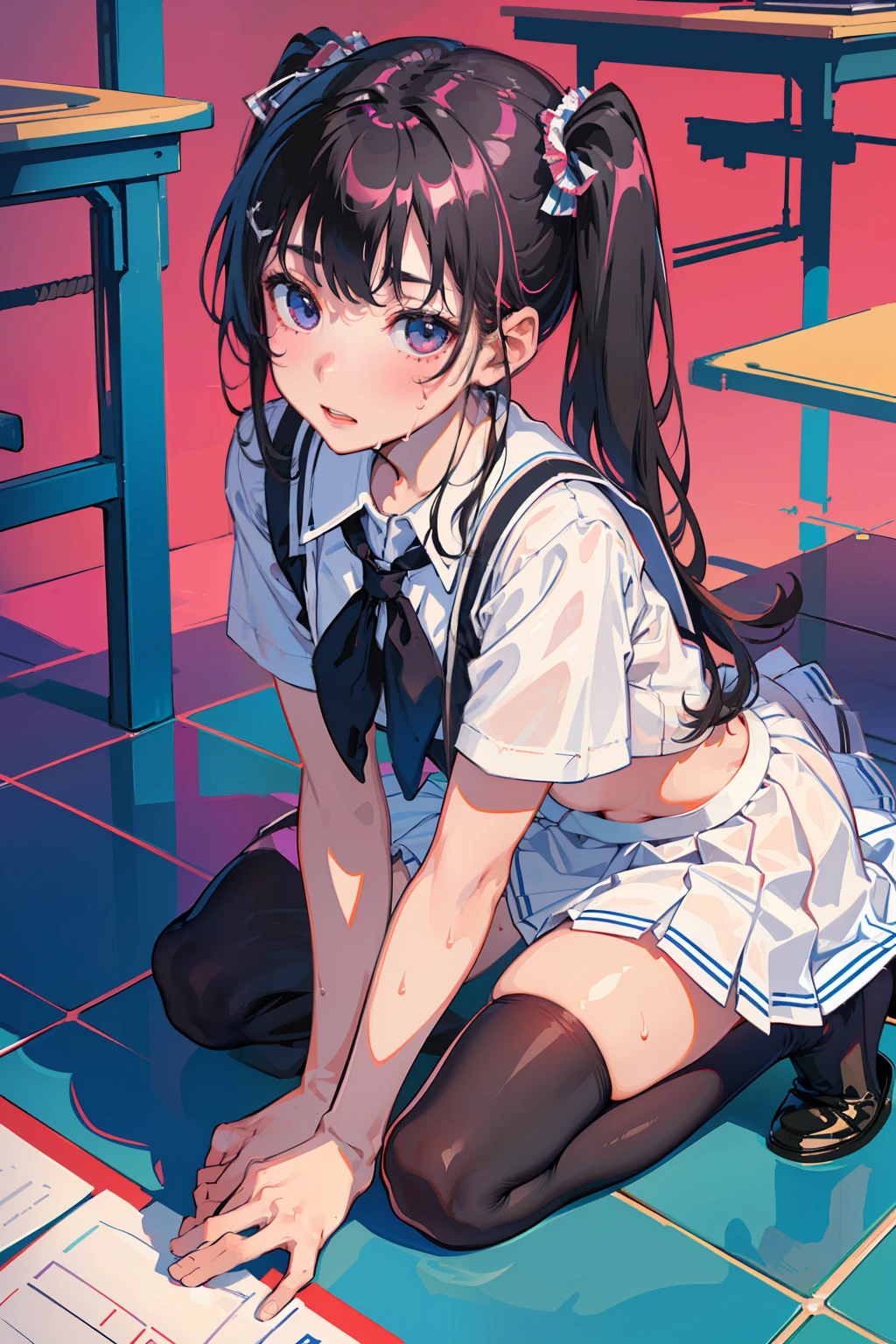 (masterpiece, best quality:1.2), a hyperrealistic schoolgirl, solo, 1girl, yukinoshita yukino, (shiny skin, wet skin:1.2), sweating, slight smile, looking at viewer, on all fours, school uniform, white shirt, plaid skirt, thighhighs, afternoon, classroom hyperrealistic schoolgirl