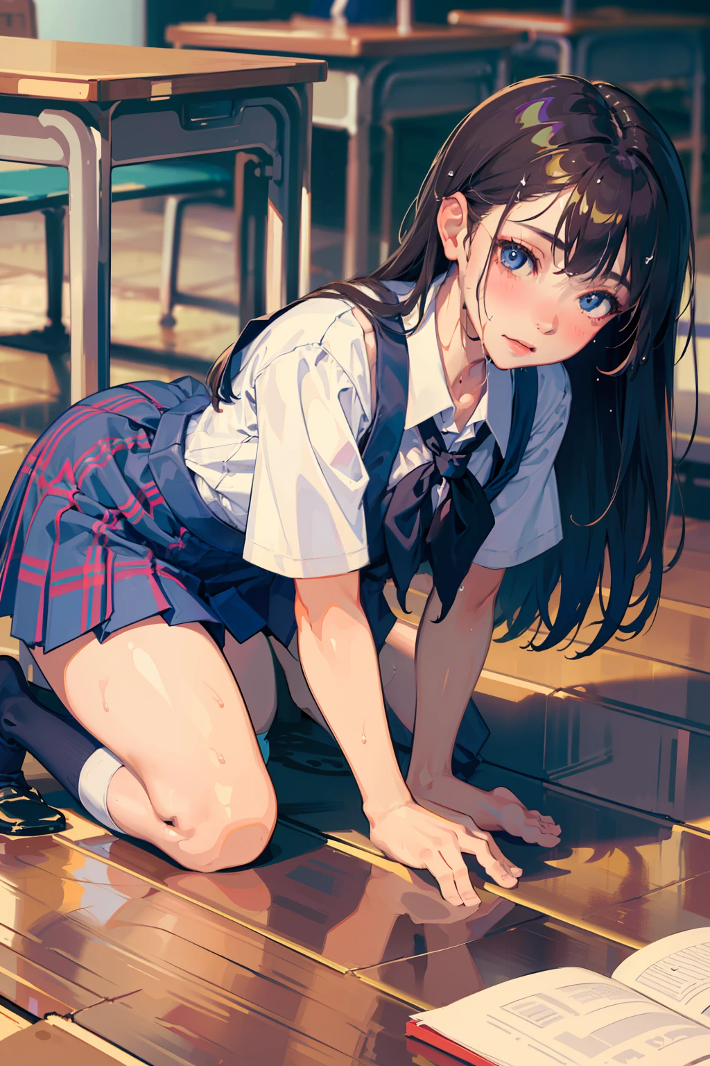 (masterpiece, best quality:1.2), a hyperrealistic schoolgirl, solo, 1girl, yukinoshita yukino, (shiny skin, wet skin:1.2), sweating, slight smile, looking at viewer, on all fours, school uniform, white shirt, plaid skirt, thighhighs, afternoon, classroom hyperrealistic schoolgirl