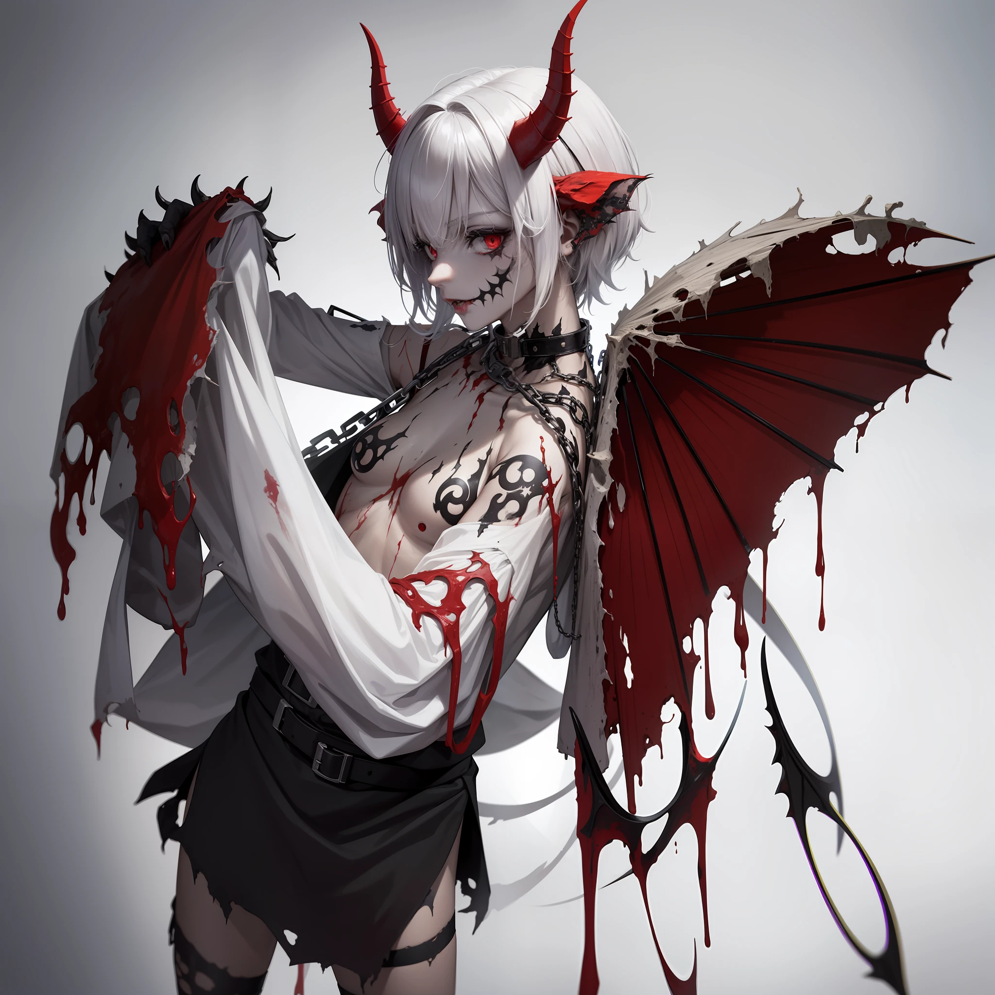 Character standing painting Full body {{{{male body}}} {{{Skin and bone}}}} Very thin Malnourished Wearing {{{{{Clown mask}}}}} Single {{{{{Prison uniform industrial style Full of chain clothing}} Fluorescent white red embellishment Sinner {{{with bomb decoration}}} Terrorist element Giant demon Character design Wearing tattered clothes Off-white skin {{moldy spotted lumps}} Head is a bomb Splicing corpse pieces Pure white background {{{{{ With claws Non-human alien monster}}}